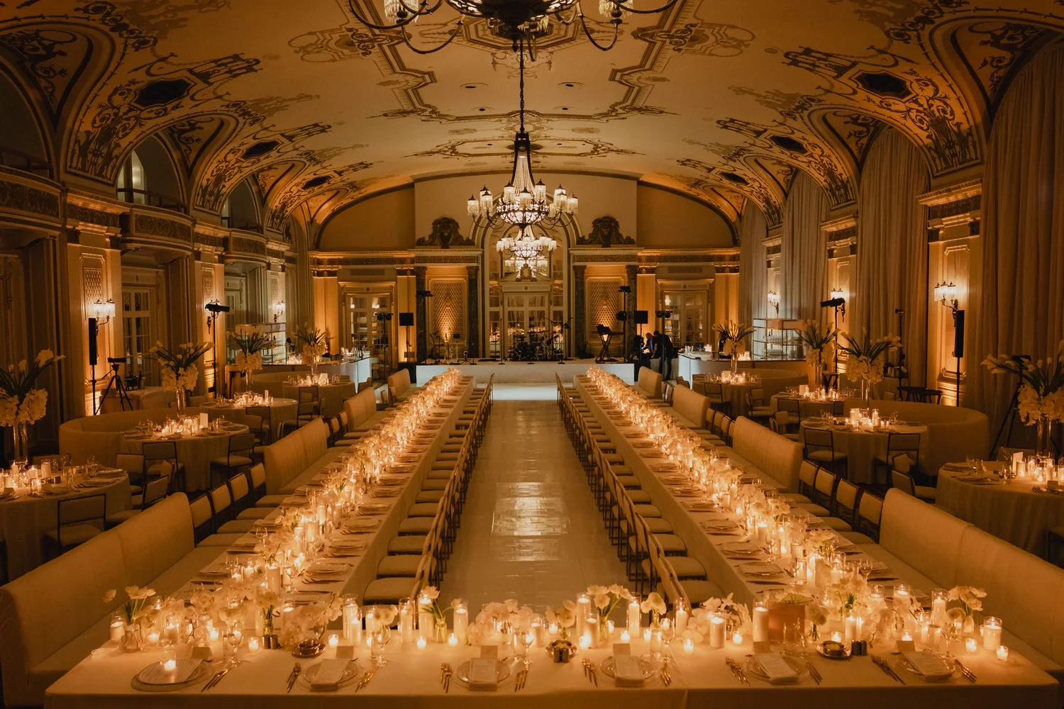 photo of the candle-lit ballroom for a wedding at the chateau laurier