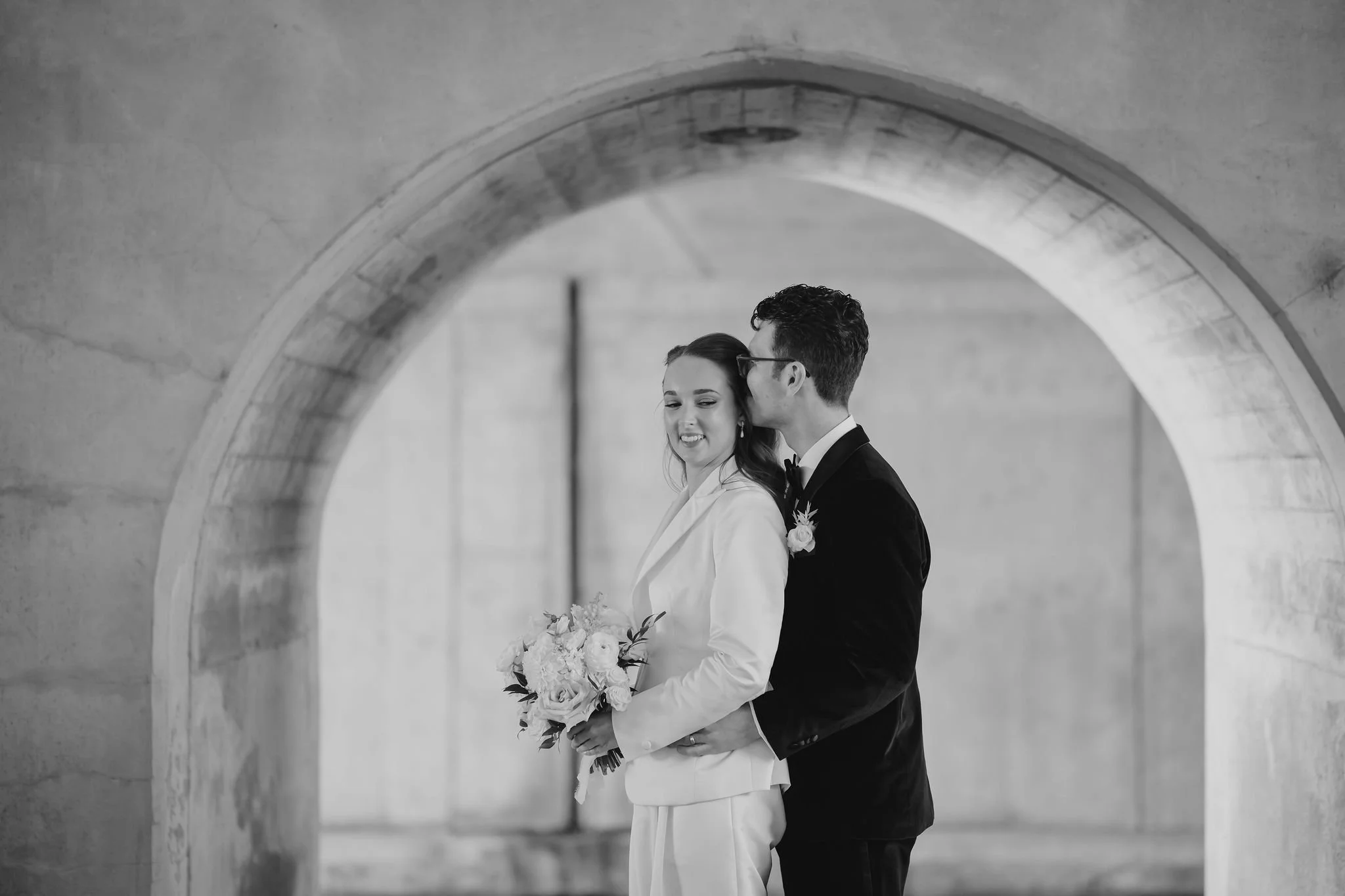 black and white portrait of a stylish bride and groom in downtown ottawa