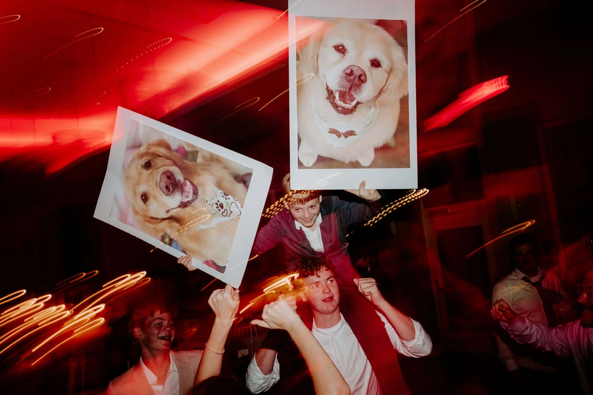 Guests holding up large photos of Kylie and Will's golden retrievers on the dance floor