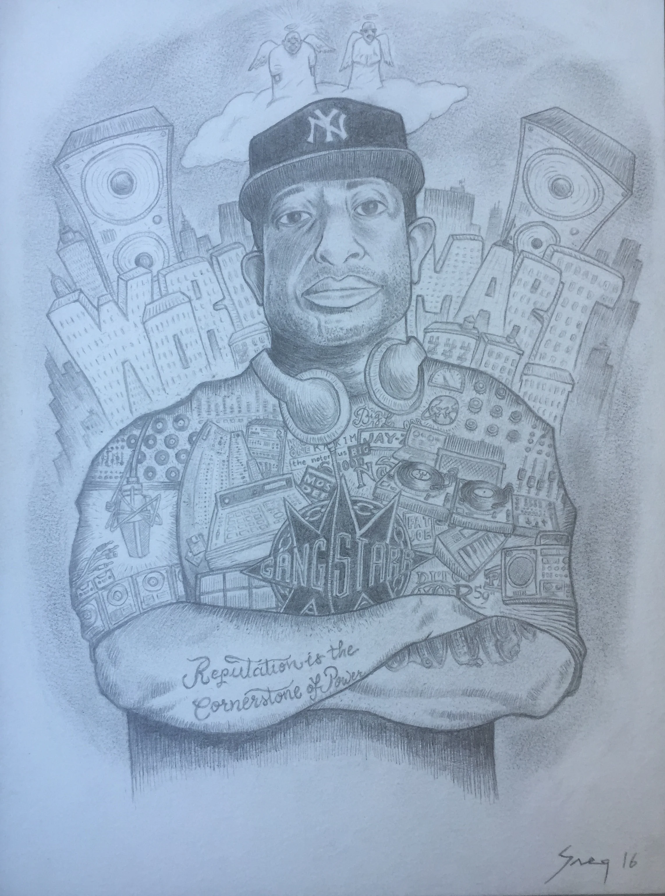 The pencil drawing of Dj Premier. He said he would hang the original in his NYC studio.