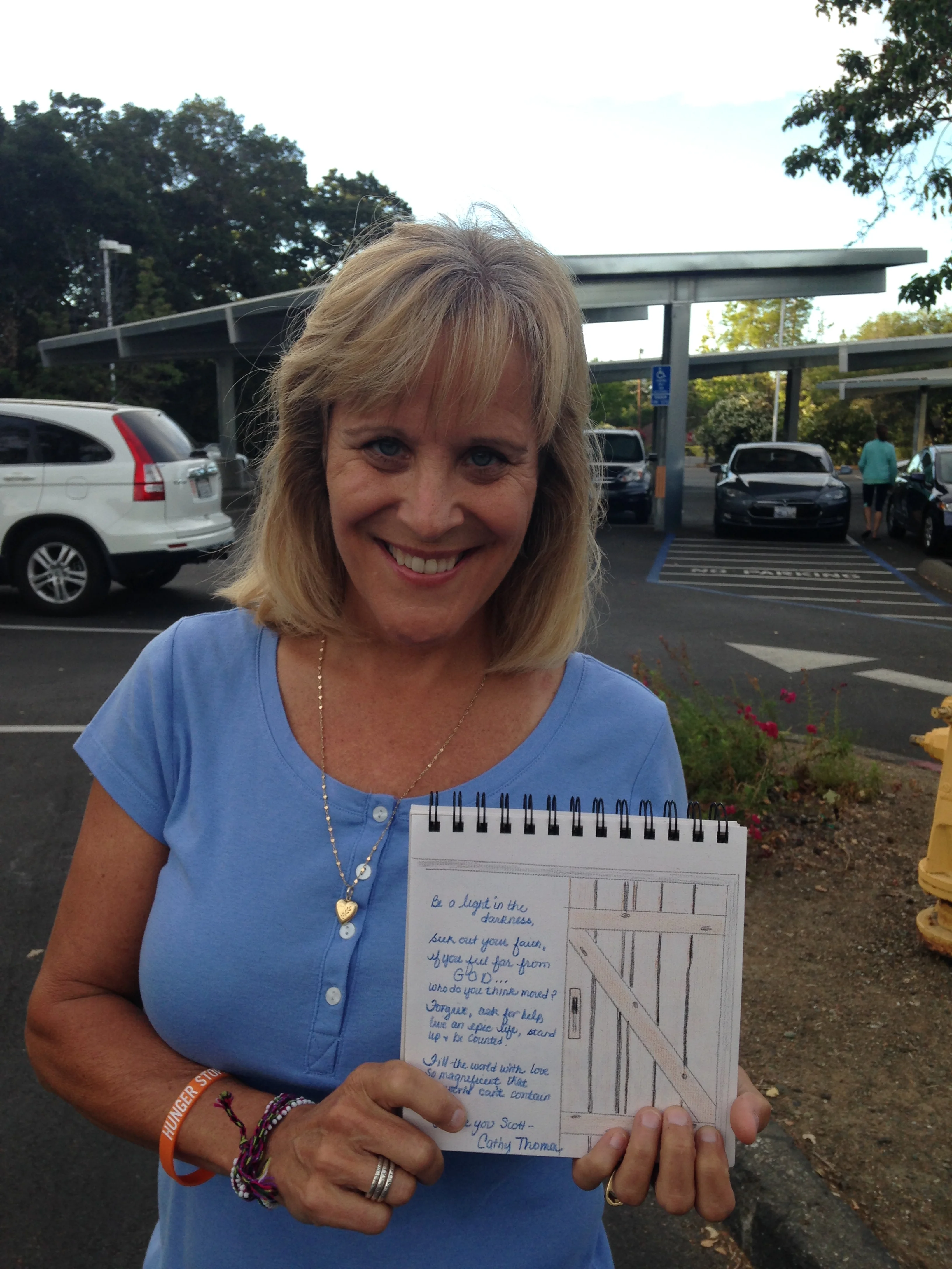 Cathy Thoma, chap. "Be a light in the darkness. Seek out your faith. If you feel far from GOD...who do you think moved? Forgive, ask for help, live an epic life, stand up + be counted. Fill the world with love so magnificent that the world can't contain it. Thank you Scott--"