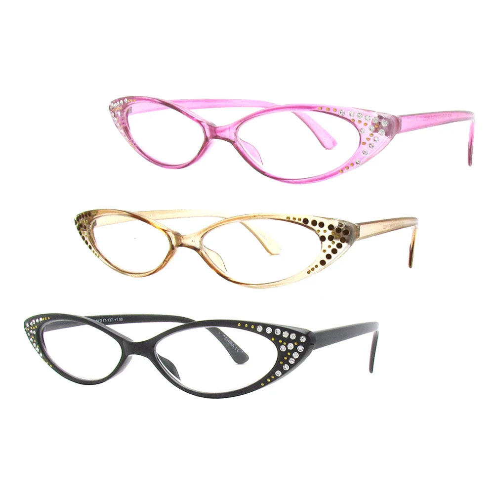 3 Pairs Women's Retro Cat Eye Reading Glasses With Rhinestones - Clear Lens, Spring Hinge, Lightweight