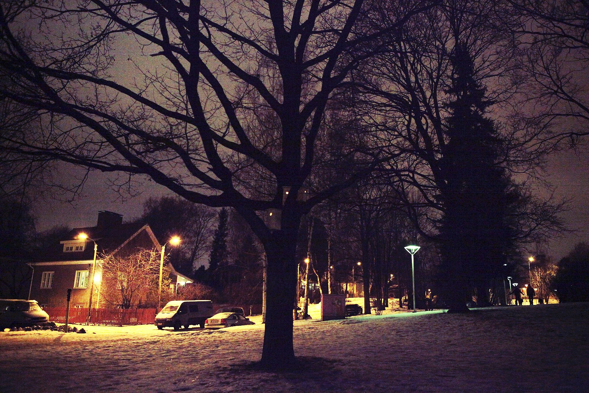 Prototyypin kolme linnunpönttöä Toukolassa helmikuussa 2015. Hämärällä pönttöihin syttyvät valot. Testing birdhouse prototypes in Toukola, February 2015. Birdhouses have lights hidden inside.
