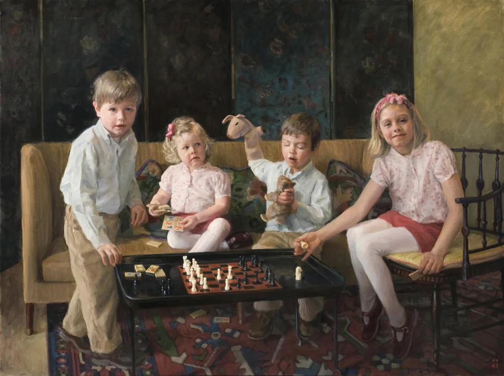 Four-Way Strategy (Caroline, James, George and Elizabeth), oil on linen, 48" x 64" Finalist, Portrait and Figure Category, The Artist's Magazine 25th Annual Competition, 2008; Fourth Place Award, Multiple Figures, Portrait Society of America, 2008.