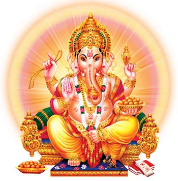 Ganesha and Musika, his little mouse friend at his feet.