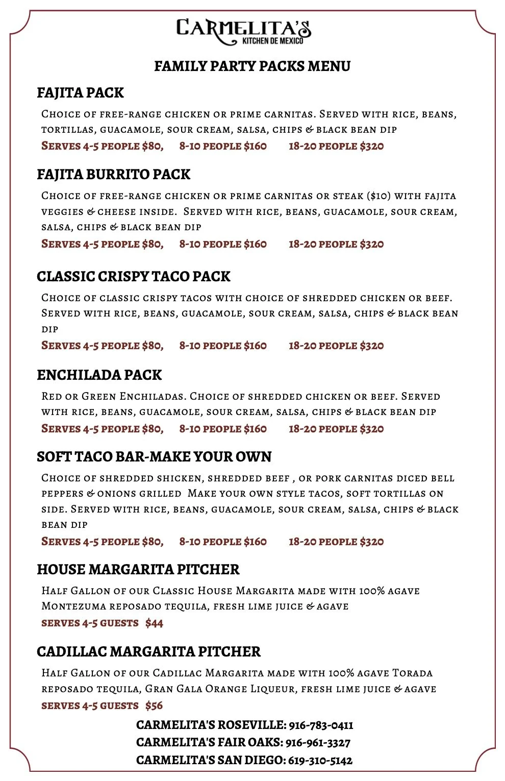 Catering/Pick up Menu — Carmelita's Mexican Restaurant