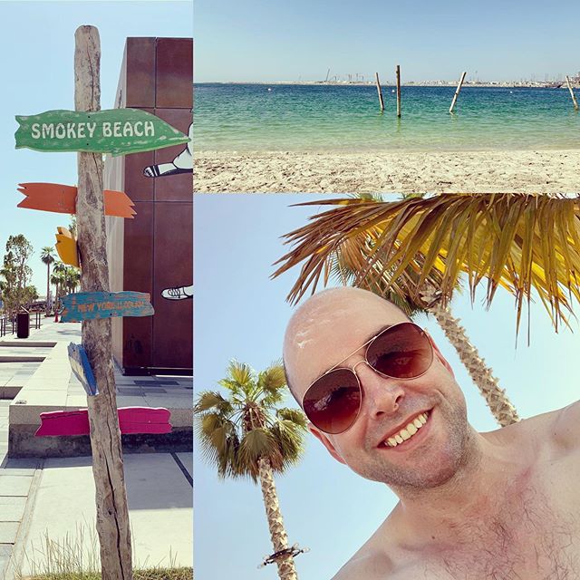 Working hard in #Dubai 
#lamer #beach #actorslife #itssohot #hot #sand #palmtree #uae #theatretour #faultytowersthediningexperience #qe2 #sea #sun #swimming