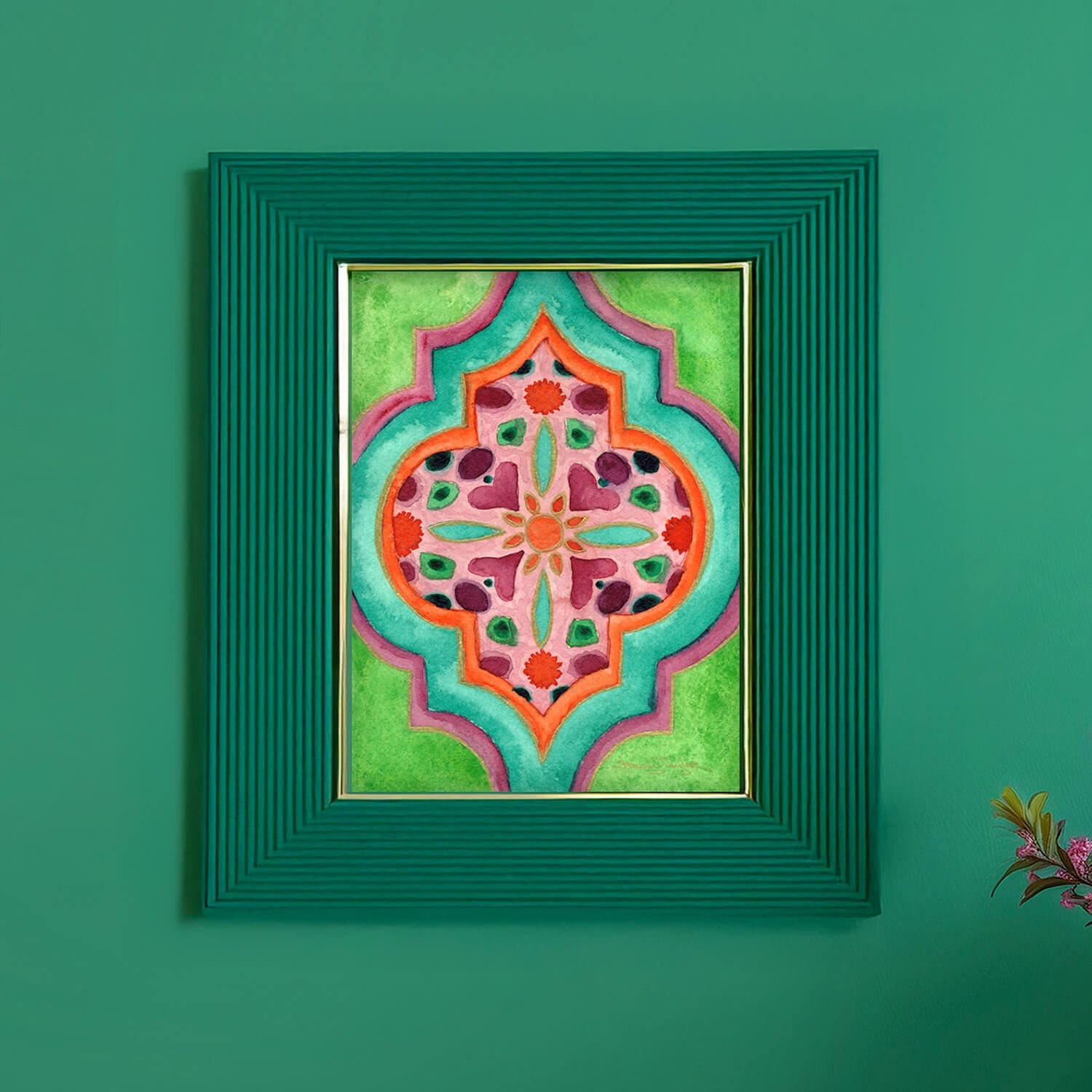 Colorful wall art of an arabesque tile design. A vibrant and cheerful unique art print. Titled Farah. By Stacey Taylor.