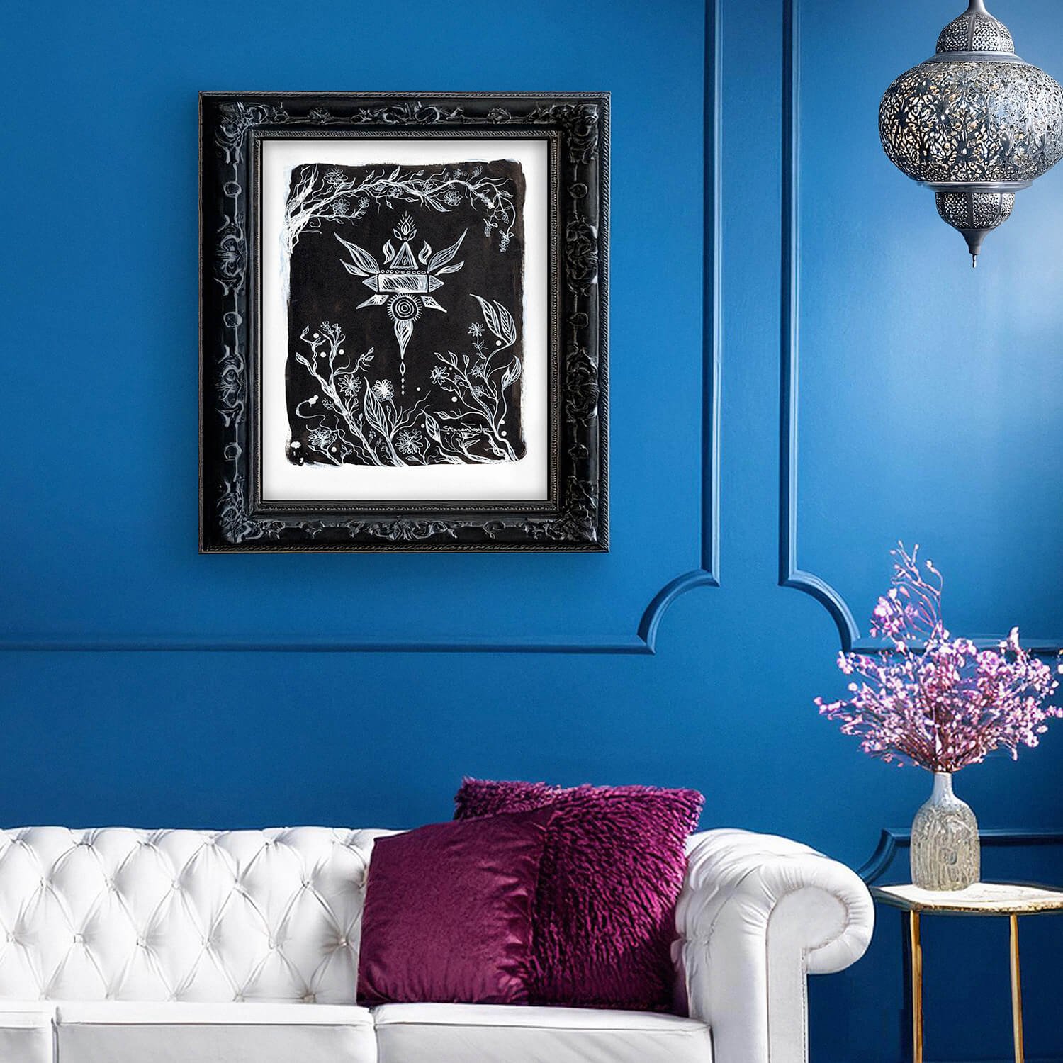 Black and white wall art print on paper. New age spiritual decor. Titled Inner Fire In Bloom. By Stacey Taylor.