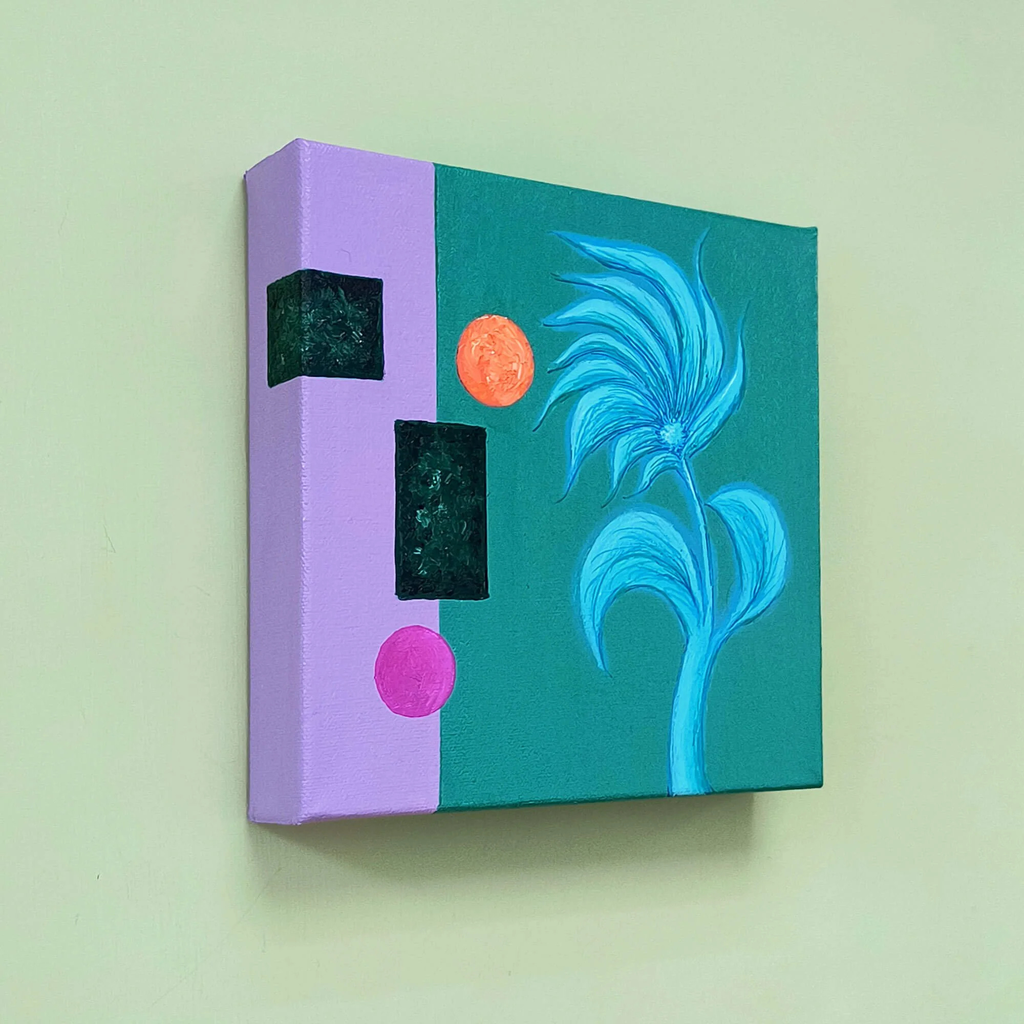 A geometric floral painting in turquoise and lilac colors titled The Art of Noticing. By artist Stacey Taylor. Angled side view.