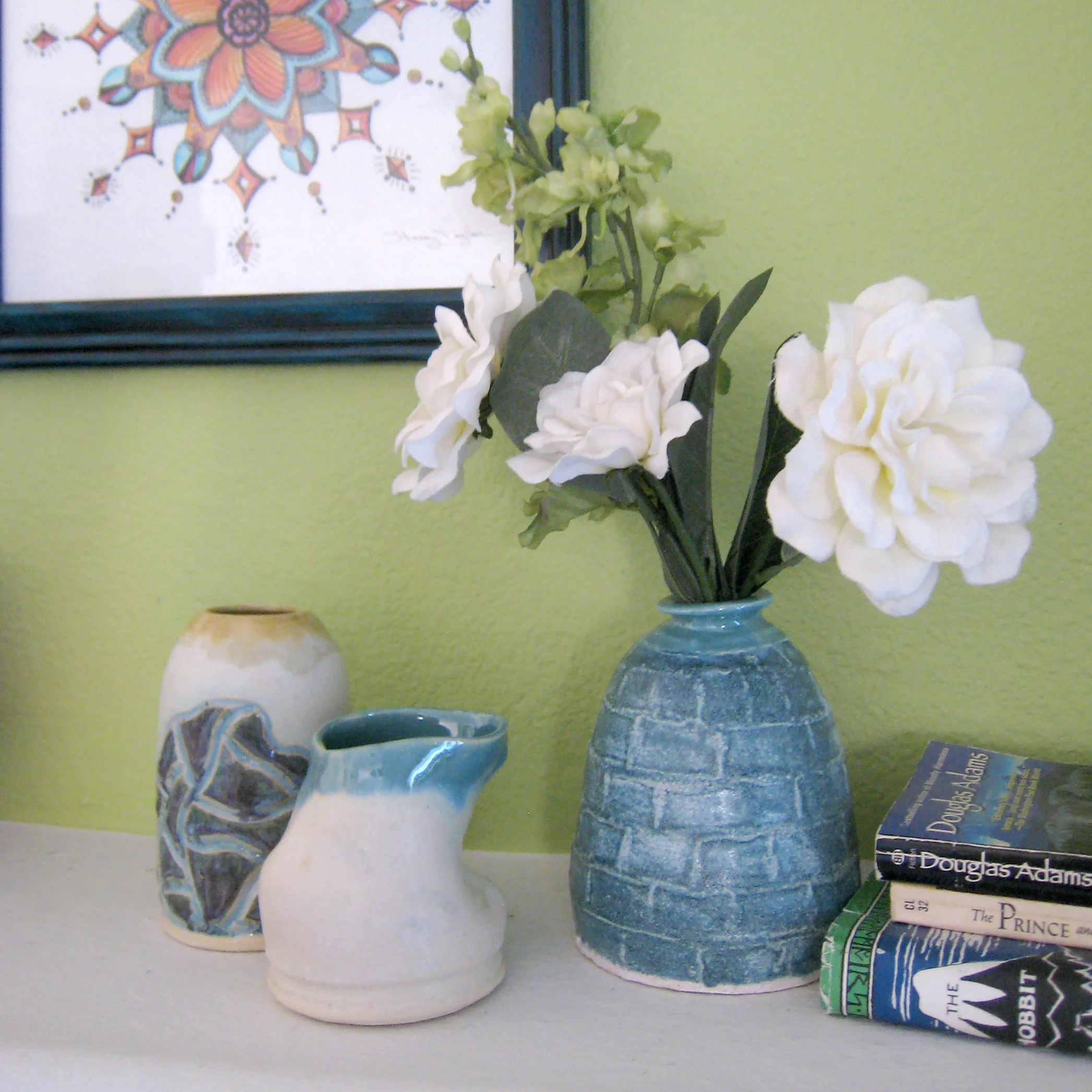Handmade pottery Blue Bottle and Map Vase in Cream and Sage and Squished Bud Vase in Soft White and Robin's Egg Blue by Stacey Taylor of Effortlessly Eclectic