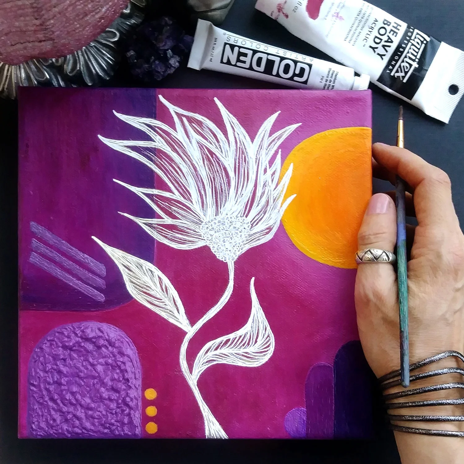 Original geometric floral painting The Warmth of the Sun by Effortlessly Eclectic in pink, orange, purple, white, & gold. Hand painted by artist Stacey Taylor.