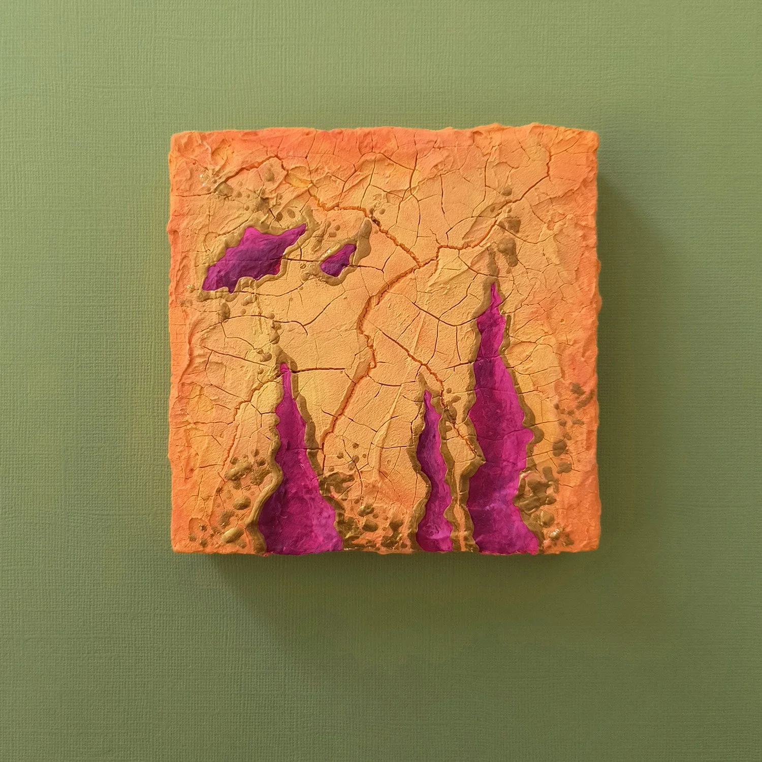 Cosmic abstract painting. Bright orange and pink. Crackle texture. Gold details. Titled Hairu. By Stacey Taylor.