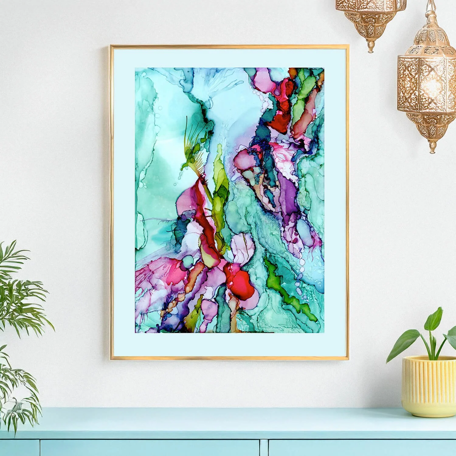Colorful birds abstract fine art print on paper shown as wall art. Titled When Love Takes Flight. By Stacey Taylor.