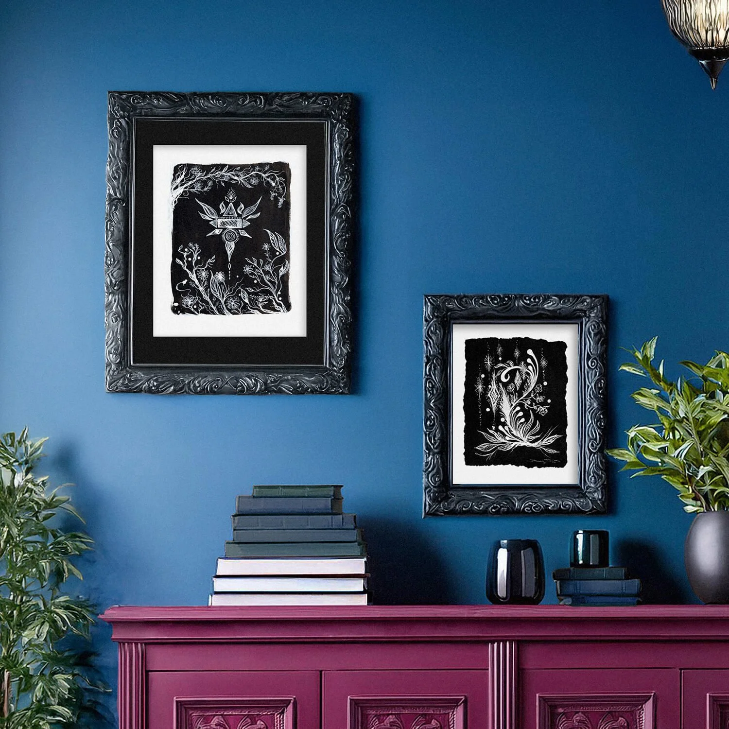 Black and white fine art prints. Mystical abstract bird wall art titled Proud Plumage shown with other art by Stacey Taylor.