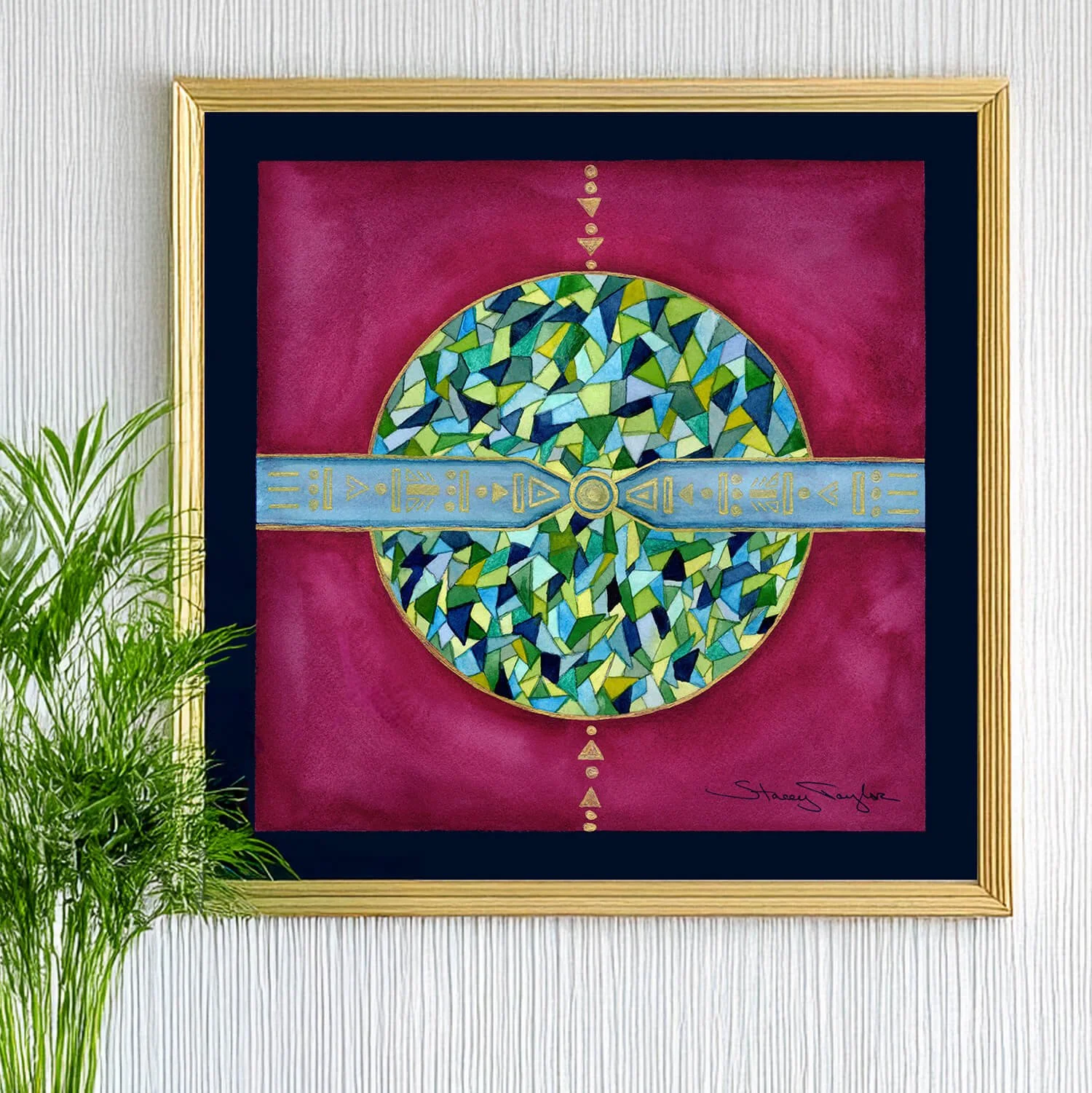 Abstract fine art print. Mosaic circle design. Magenta and blue wall art. Titled Lucent. By Stacey Taylor.