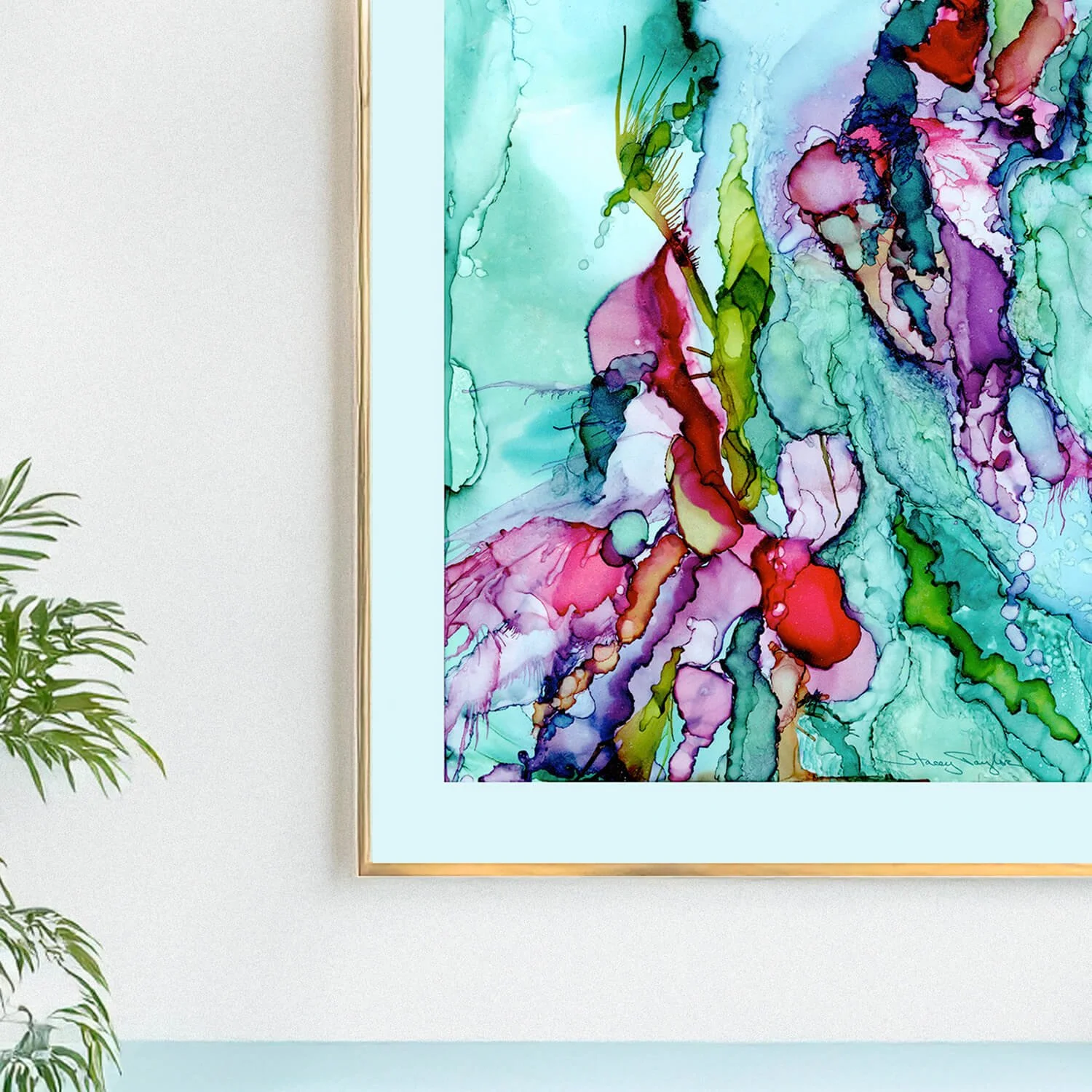 Closeup detail of colorful fine art print of abstract birds. Titled When Love Takes Flight. By Stacey Taylor.