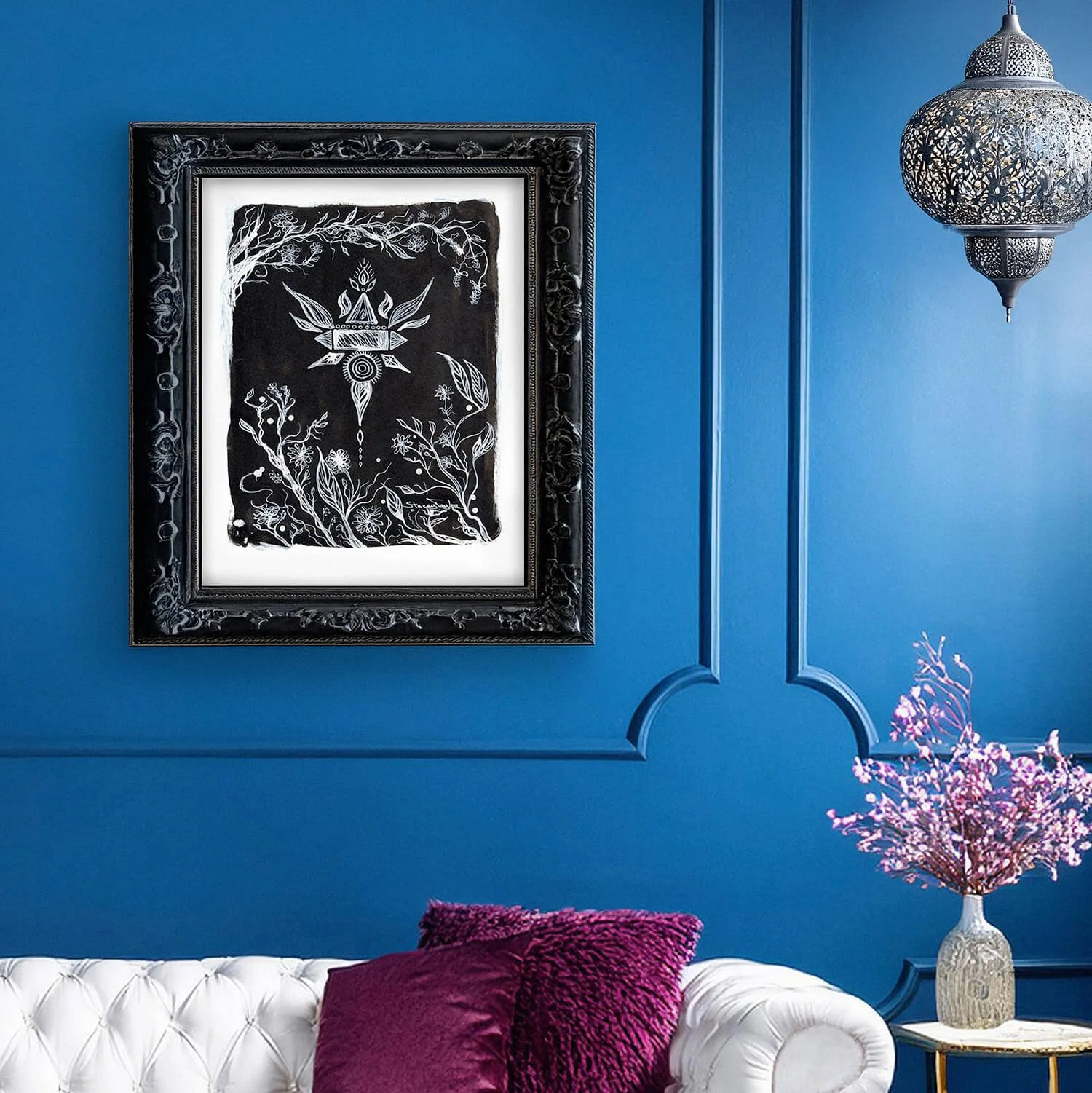 Eclectic fine art print in black and white with nature and fiery spirit symbolism. Titled Inner Fire In Bloom. By Stacey Taylor.