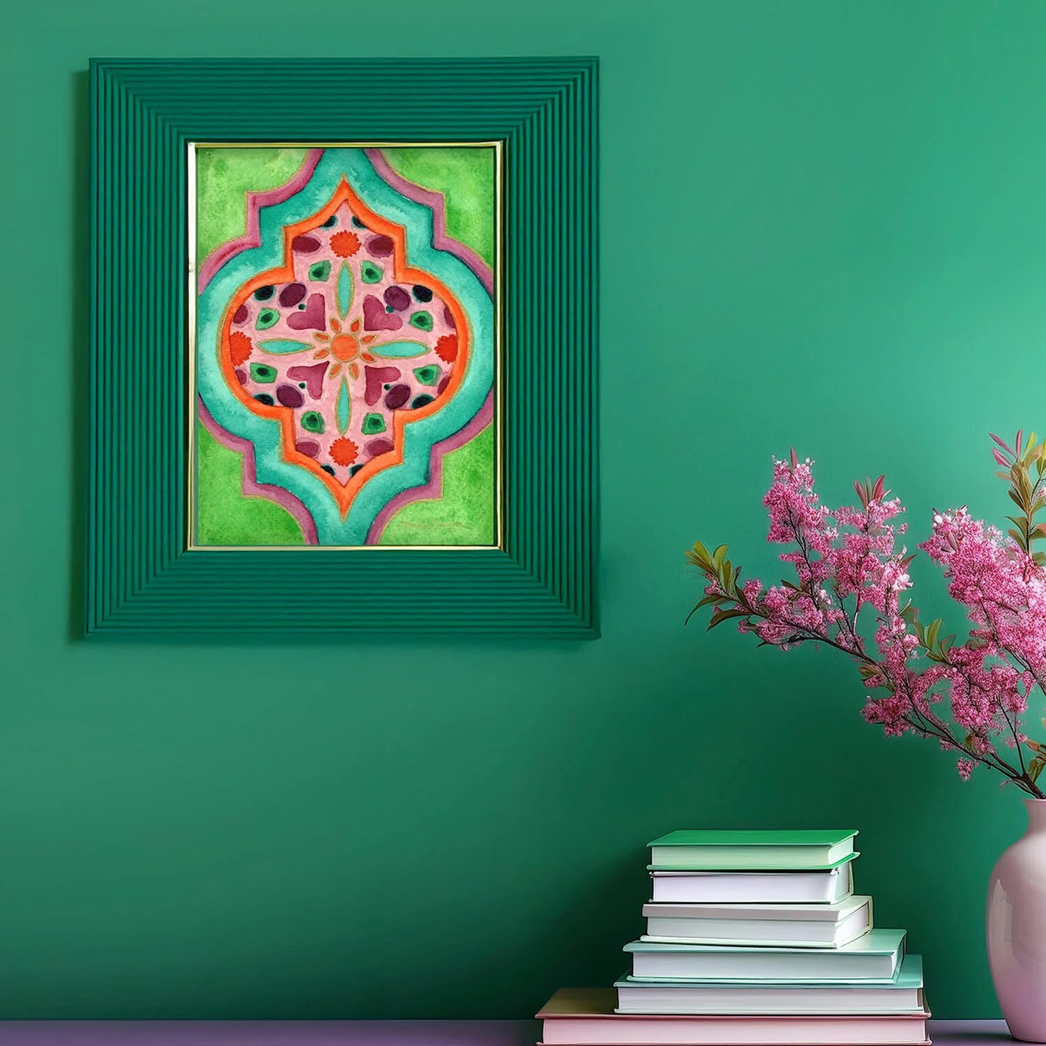 Colorful wall art with arabesque tile design. Colorful, joyful decor. Art print titled Farah. By Stacey Taylor.