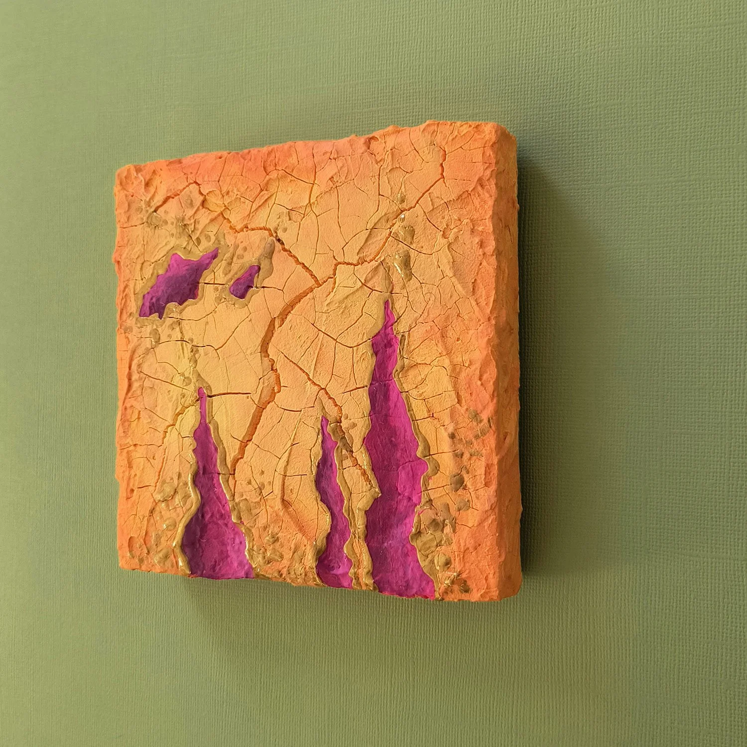 Side view of abstract painting crackle texture and raised details. Orange and pink. Titled Hairu. By Stacey Taylor.