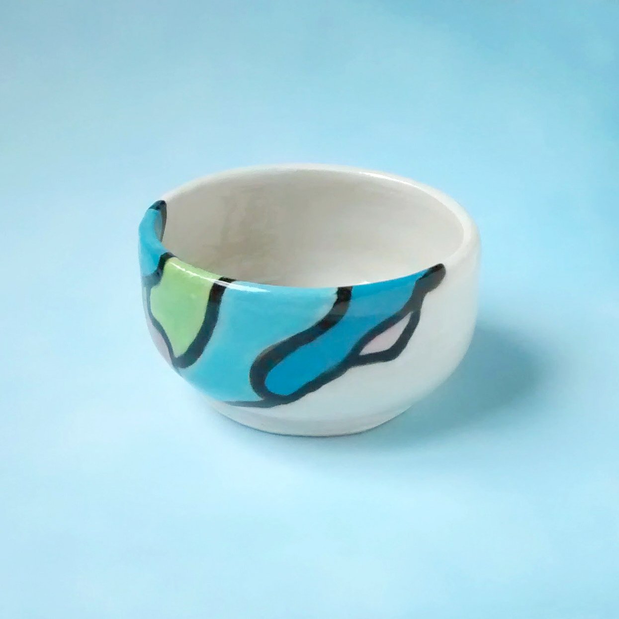 Colorful pottery bowl. Small handcrafted artful decorative object. One-of-a-kind. Named: Color Play Bowl. By Stacey Taylor.