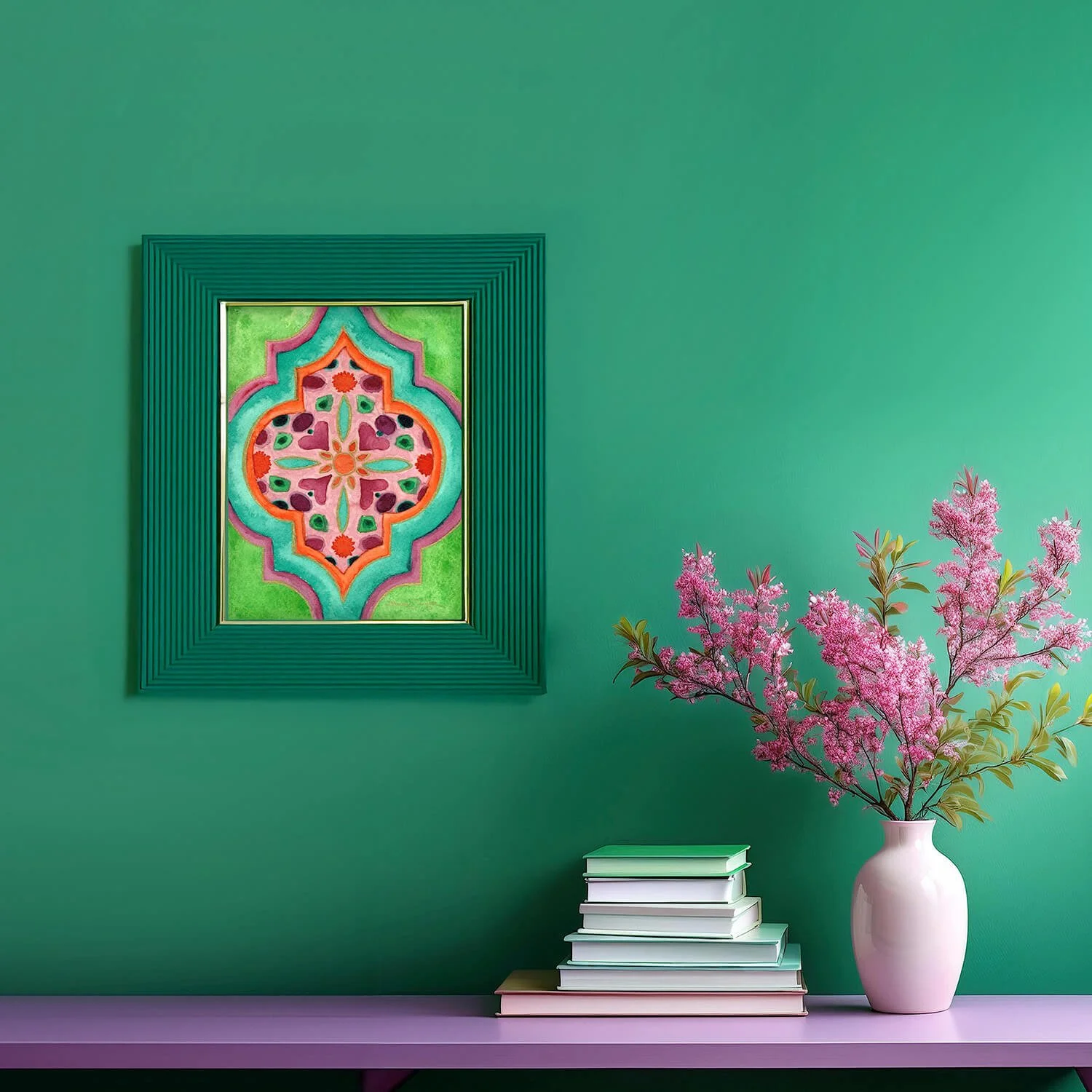 Moroccan tile fine art print in vibrant colors shown as wall art in a colorful home. Titled Farah. By Stacey Taylor.