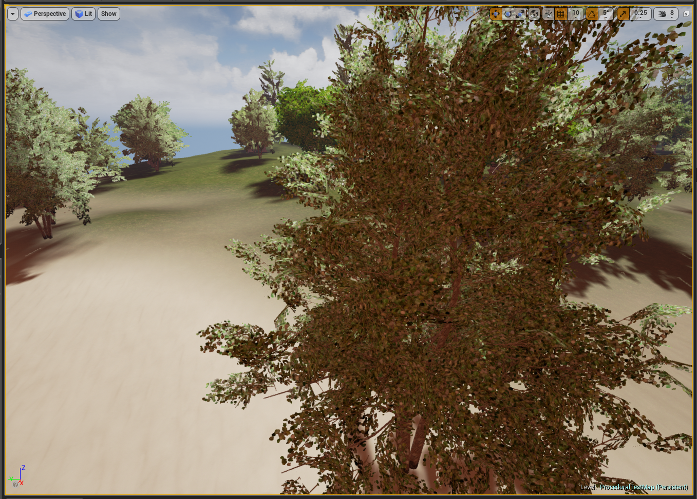Closer view of a procedural map, showing transition from sandy to grassy terrain