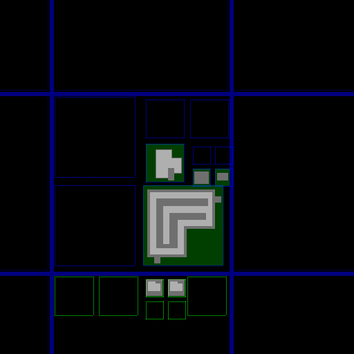 Debug snapshot of a map in process of being generated, with roads placed and plots zoned