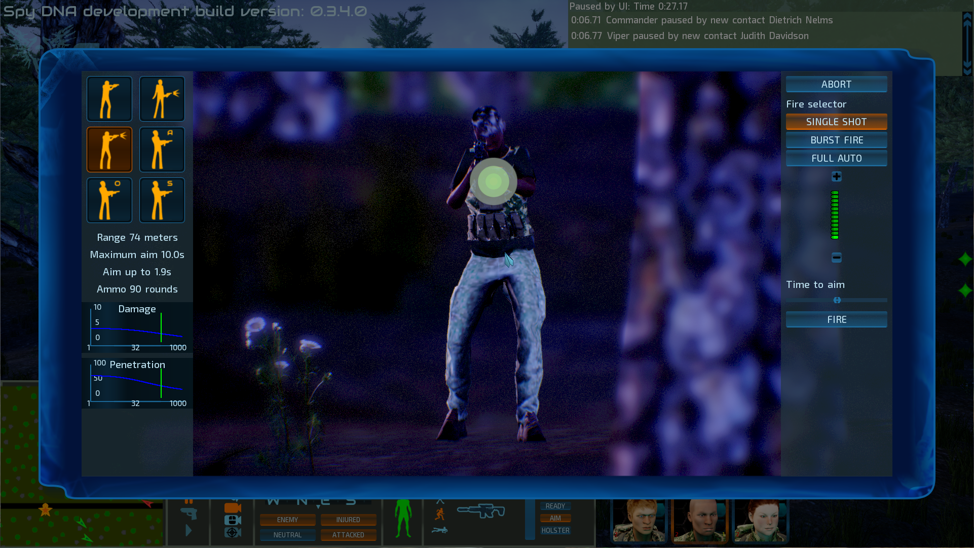 Screenshot of the updated gunsight view. The buttons on the left are: aim, hip shot, aimed shot, area fire, overwatch, and suppression fire