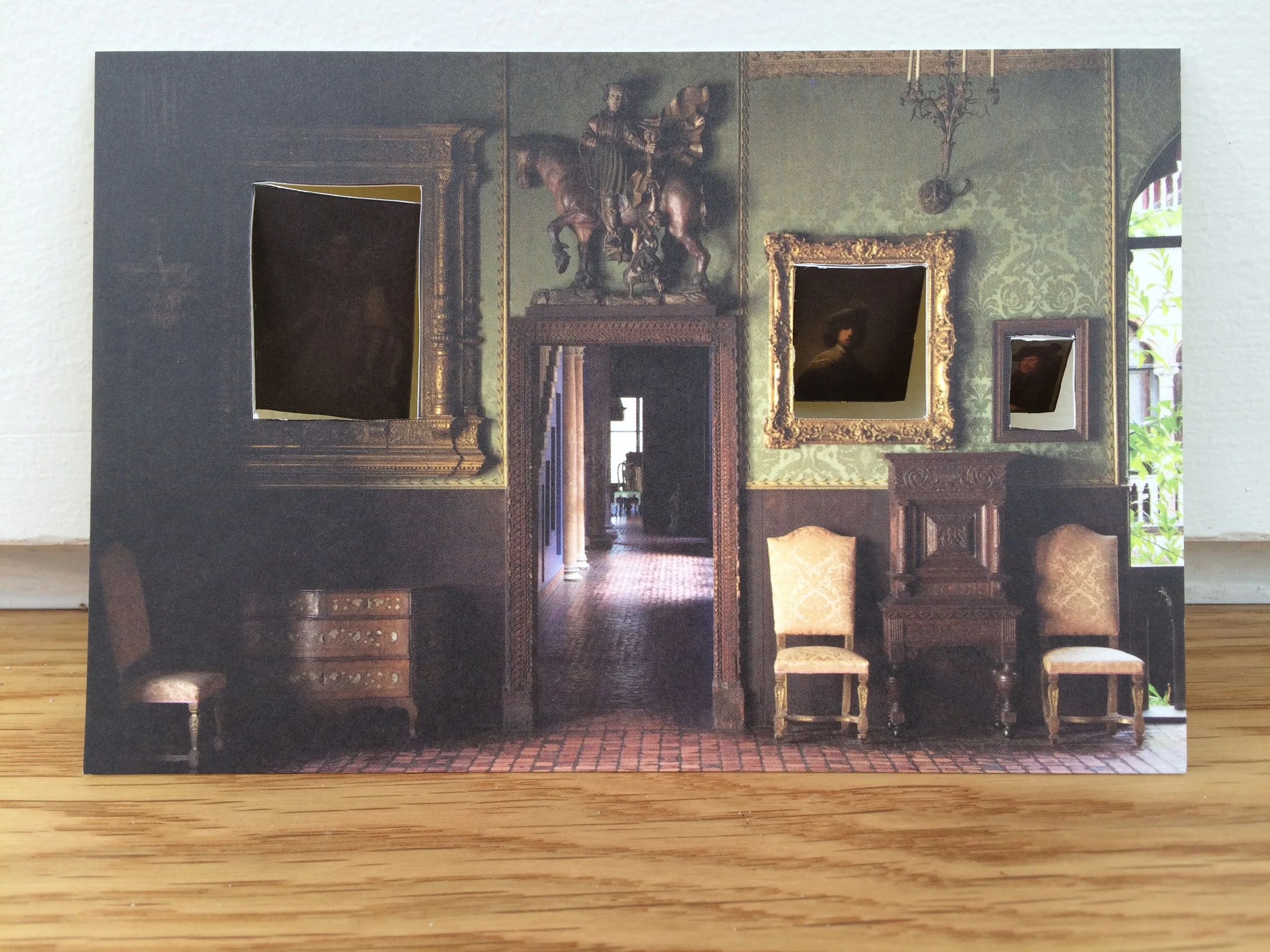 Missing at the Gardner, 2014, Altered postcard 6 x 4 inches