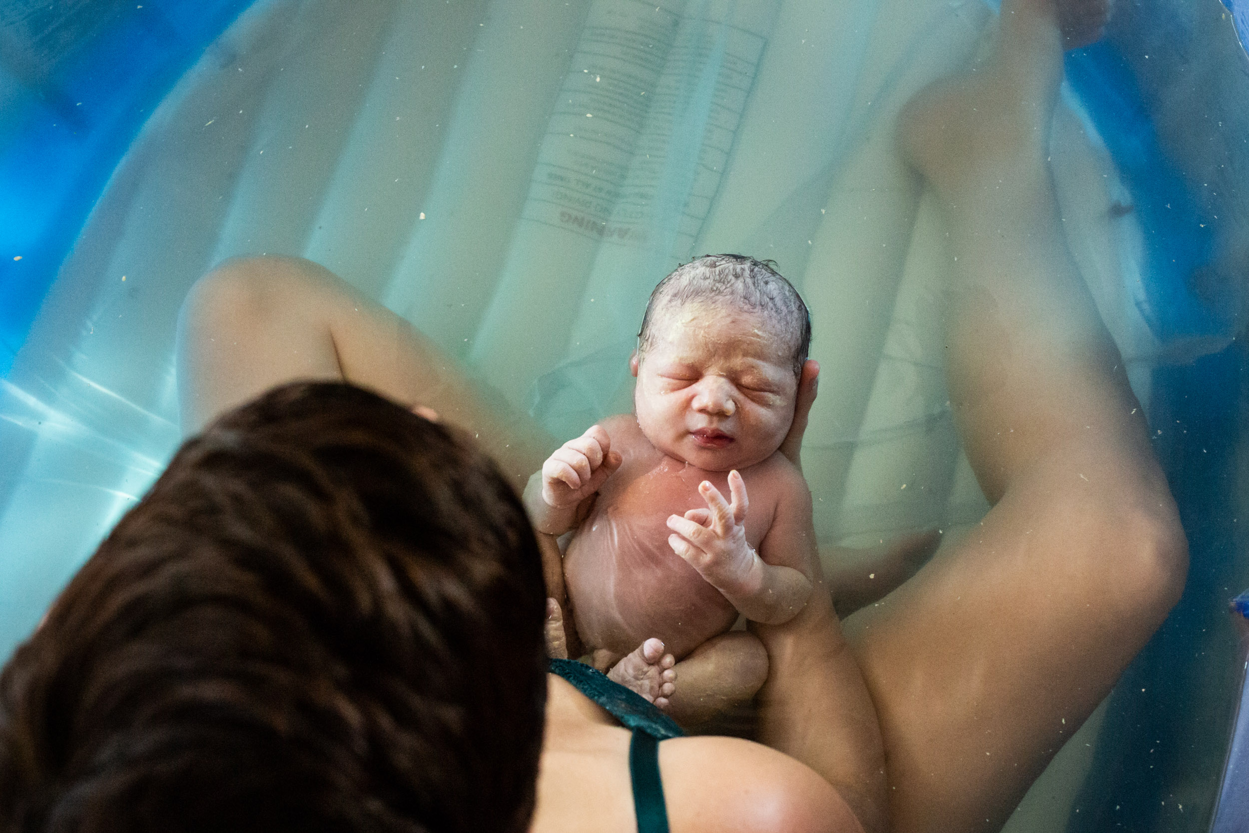 newborn baby in birth tub from above