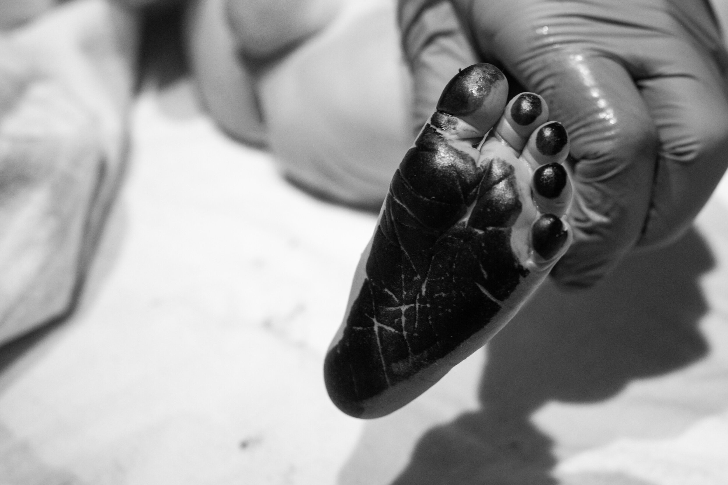 inky newborn baby foot just after getting footprints made