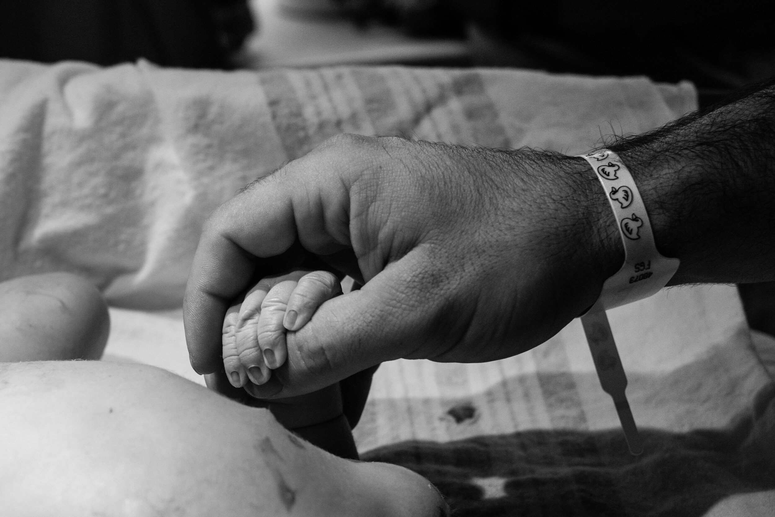 new dad holding baby boy's hand just after birth