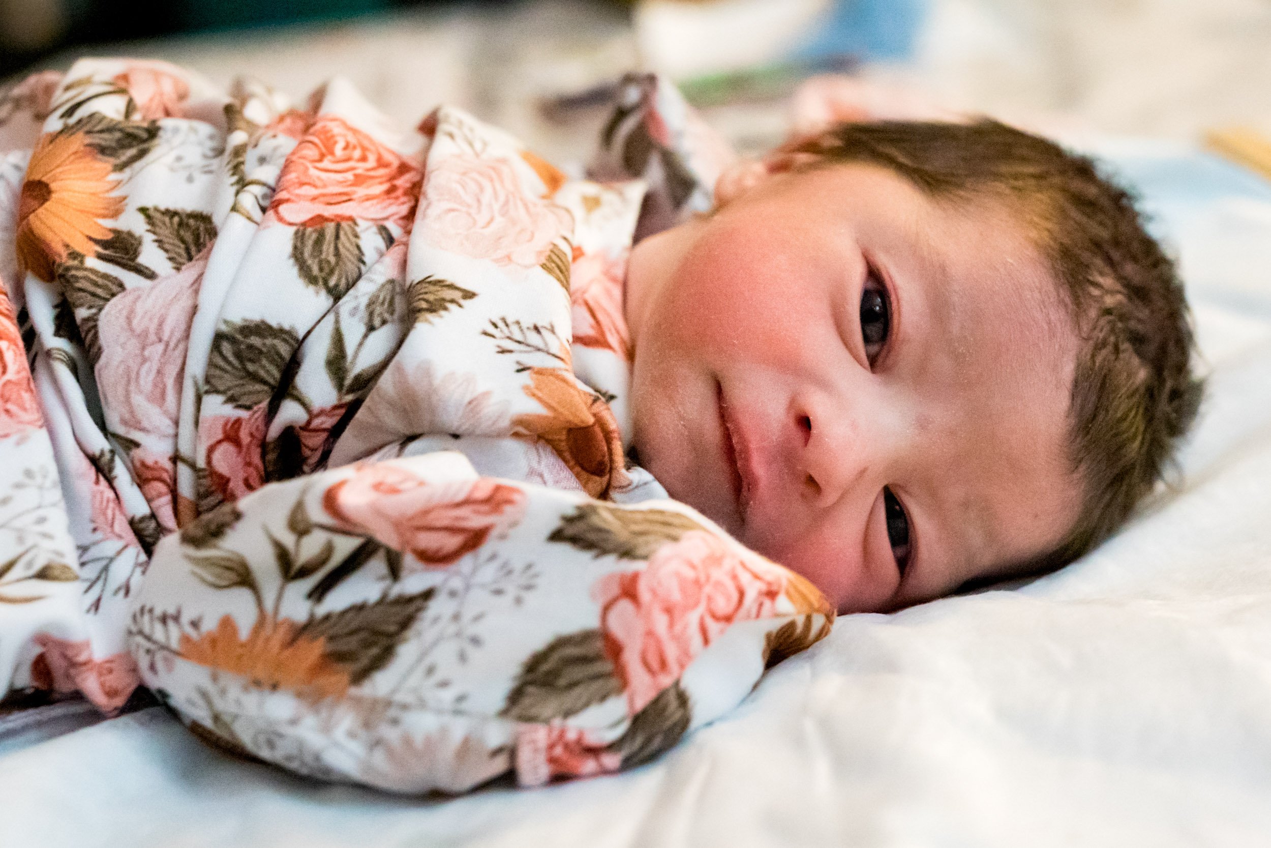 newborn baby girl resting and looking at the camera