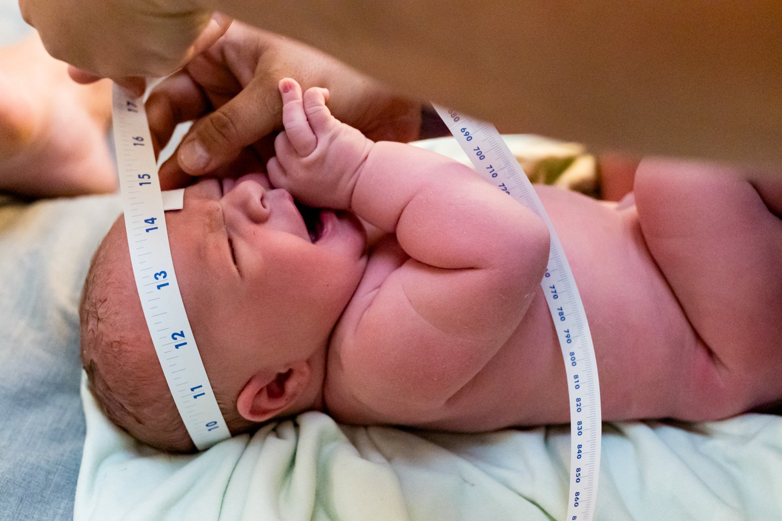 newborn baby having her head measured