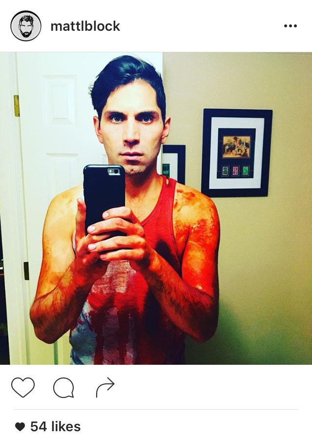 Actor (and friend of ours) Matt Block took this covered-in-blood selfie between takes while working with Monster Makeup FX™ on the set of "Come To Me Sister Mary" (Beach Riot Films) We handed him a can of Blood Foam™ and a fresh shirt and within a few minutes we were ready for the next scene.