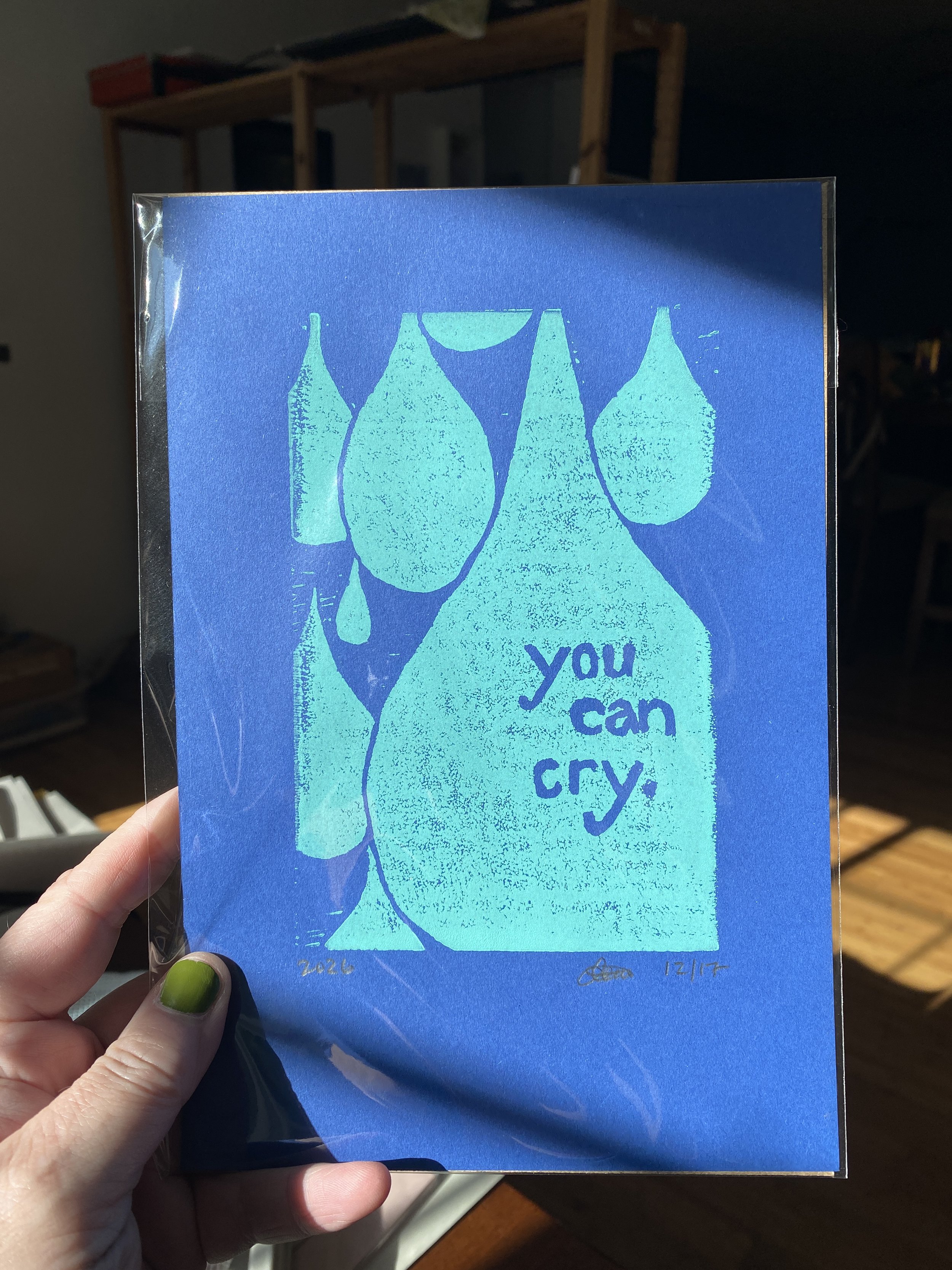 you can cry block print permission to cry therapy therapists office turquoise cotton block print
