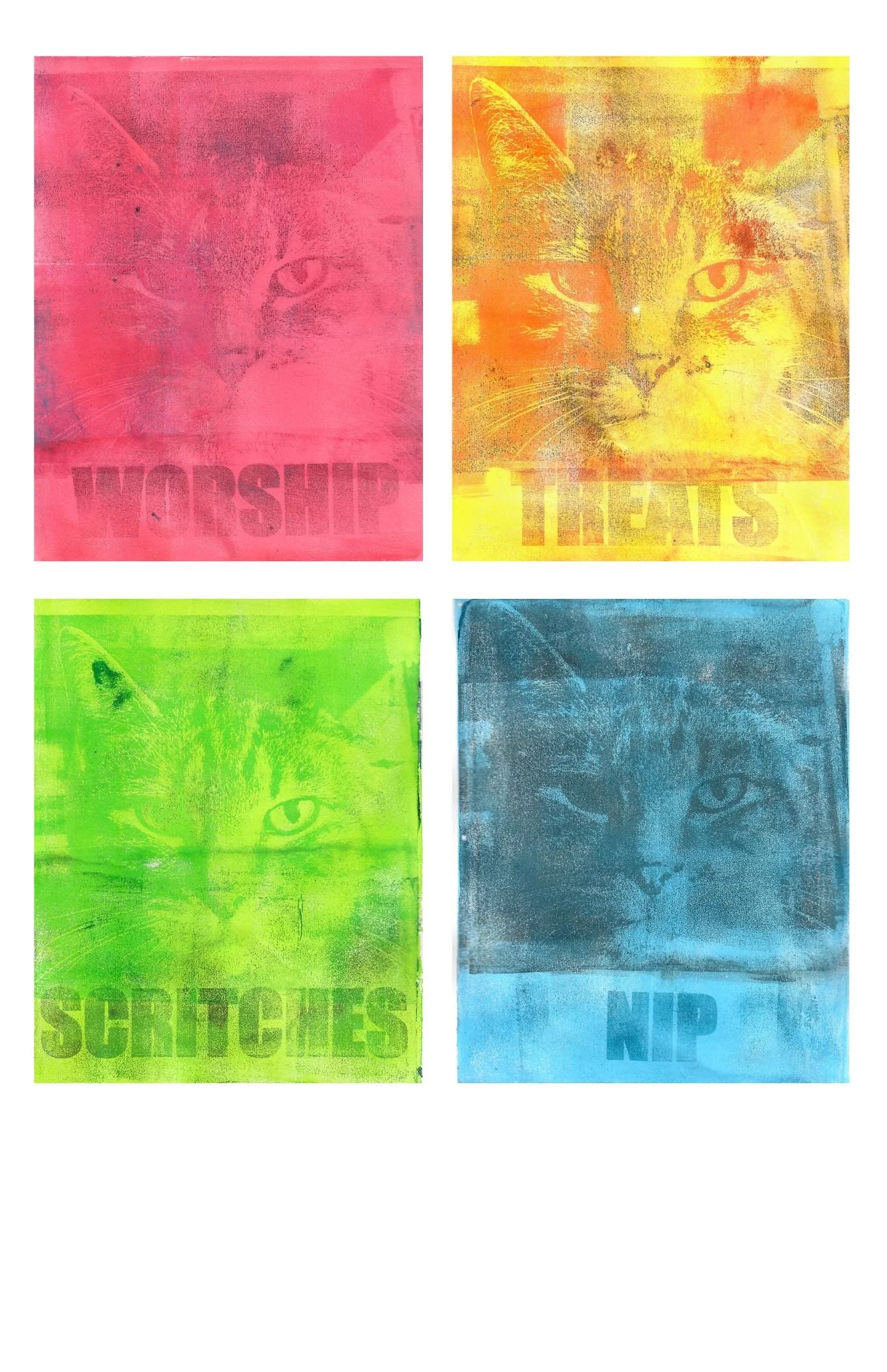 cat art kitty art kitty gift cat andy warhol shepard fairey green pink blue yellow serious cat demands