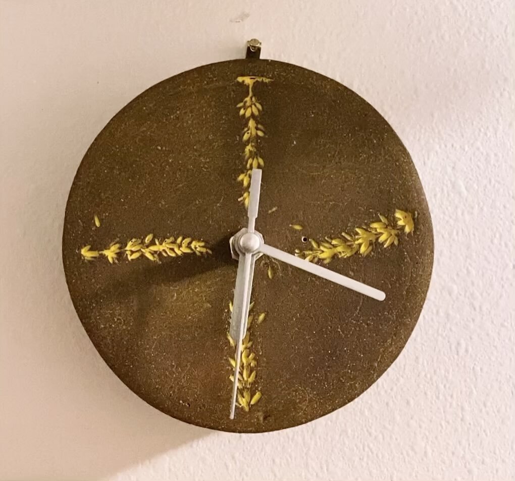 Lavender clock finished/pickled veg from a friend on the ferry/the Olympics/Scraping/installation sketch/two generations of Russells/a zine to teach sweet 4th graders how to make wee books with drawings and poetry. #clay #ceramics #stoneware #clocks 