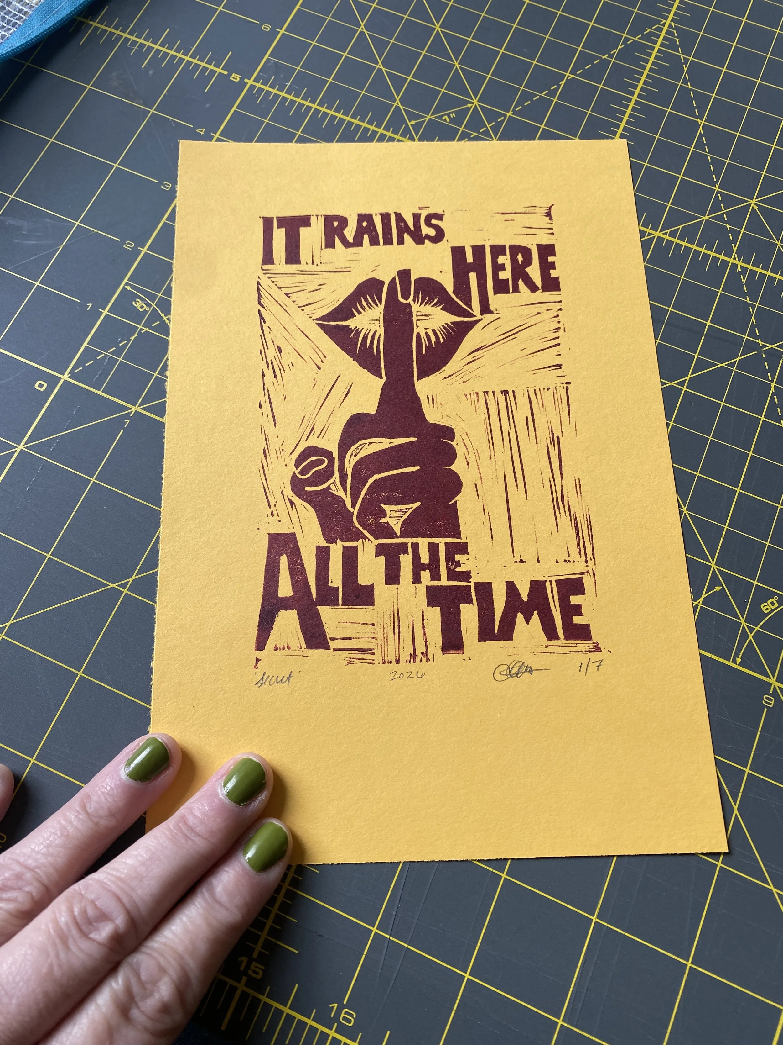 it rains here all of the time pnw pacific northwest art secret tourists it's sunny all of the time block print plum yellow blue lips shhhhhhhhh shush don't say anything