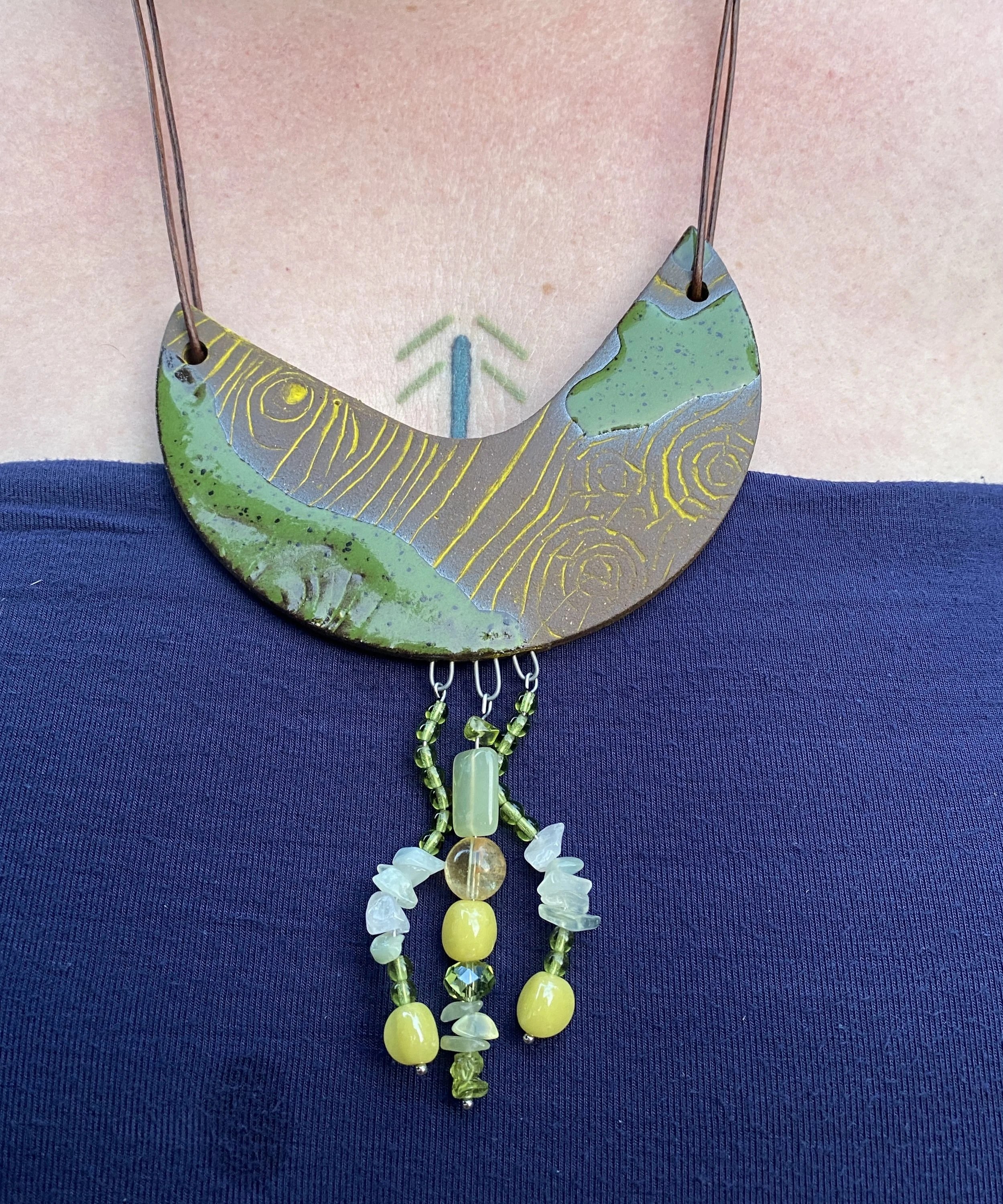 ceramic woodgrain necklace beadwork statement jewelry ceramic wearable art fuck yeah