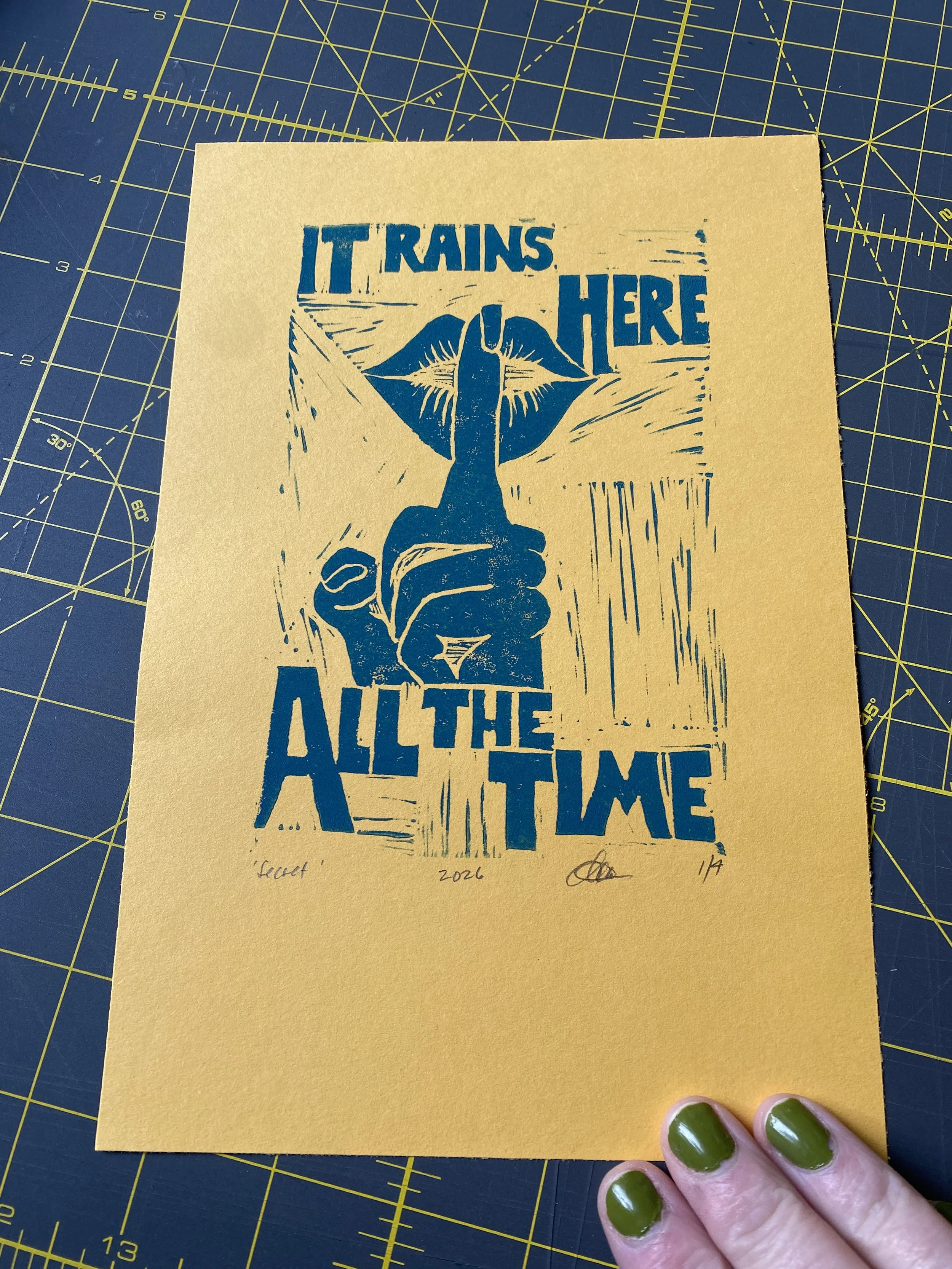 it rains here all of the time pnw pacific northwest art secret tourists it's sunny all of the time block print plum yellow blue lips shhhhhhhhh shush can you keep a secret don't say anything