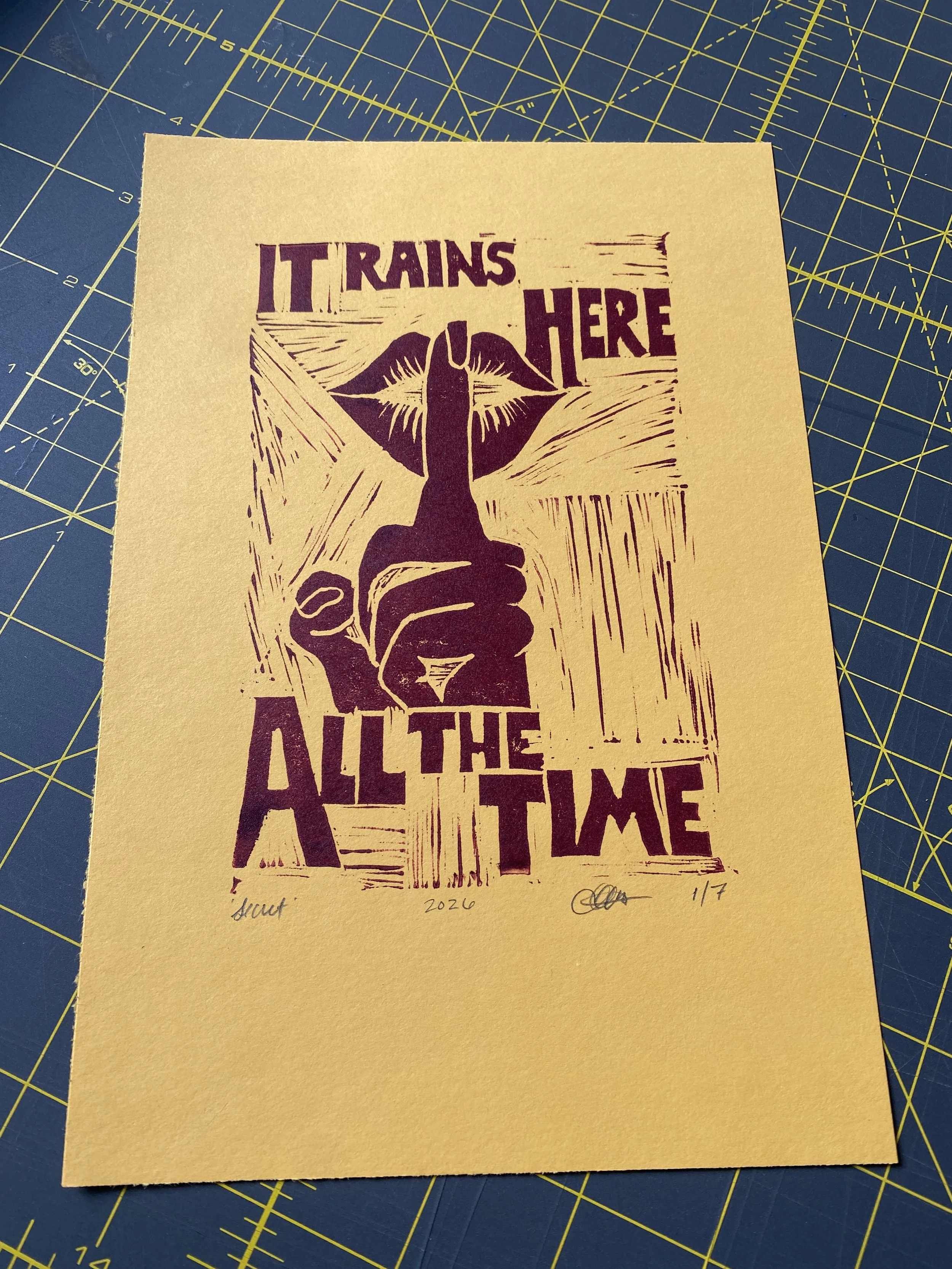 it rains here all of the time pnw pacific northwest art secret tourists it's sunny all of the time block print plum yellow blue lips shhhhhhhhh shush can you keep a secret don't say anything
