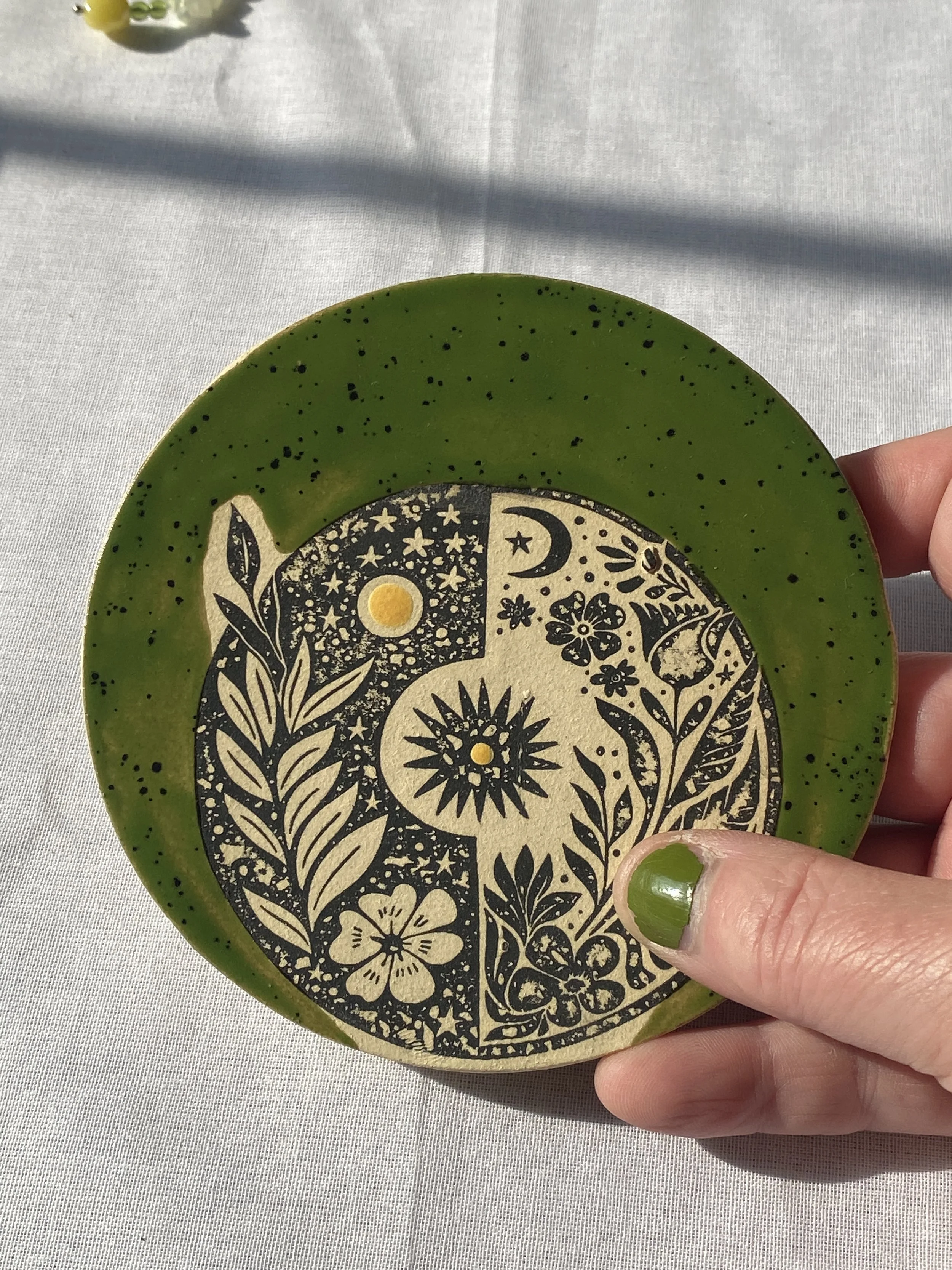 green black and yellow ceramic coaster green witchy coaster sun moon