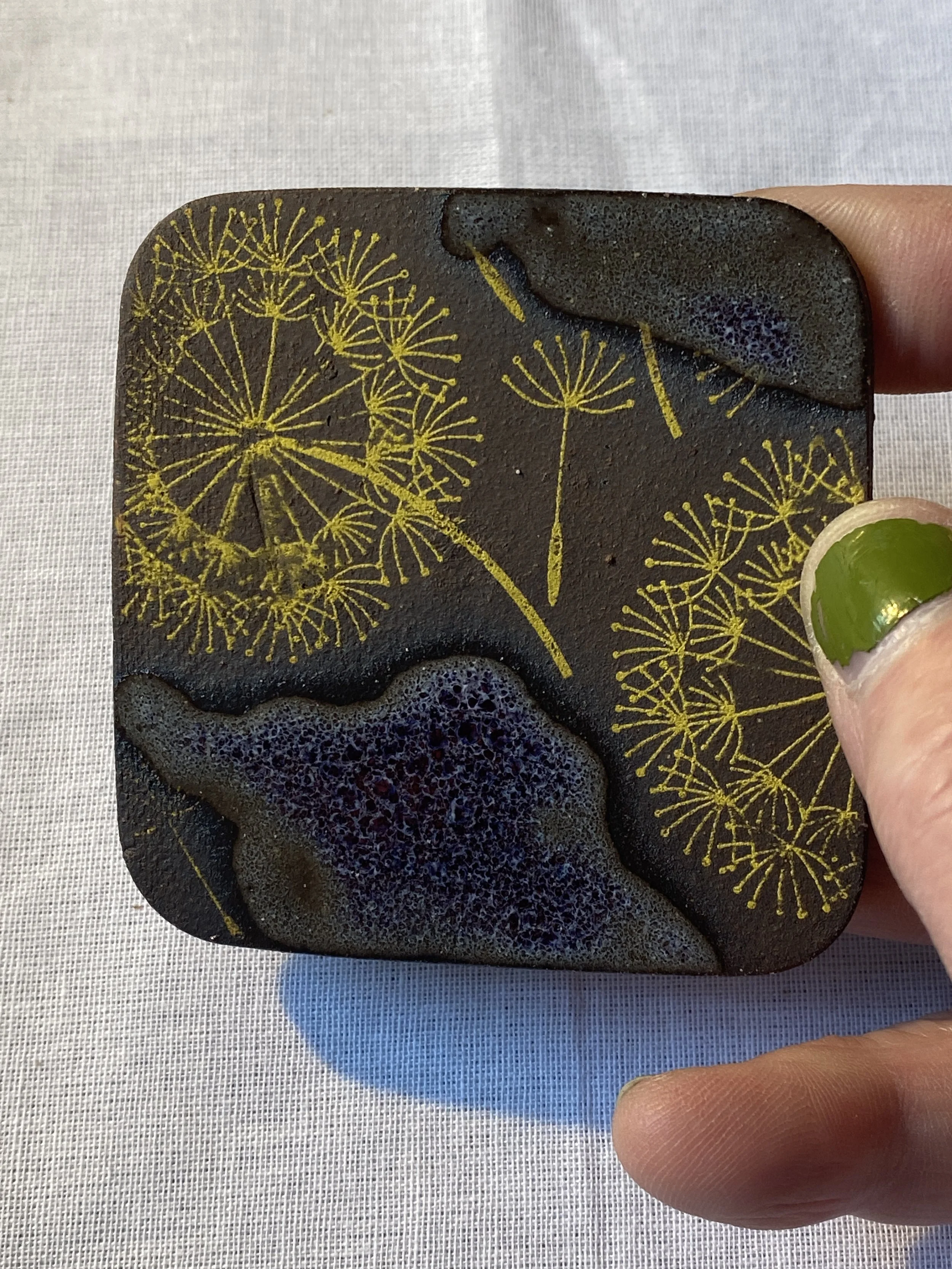 ceramic dandelion brooch dandelions dandelion wine yellow and purple and flora and fauna