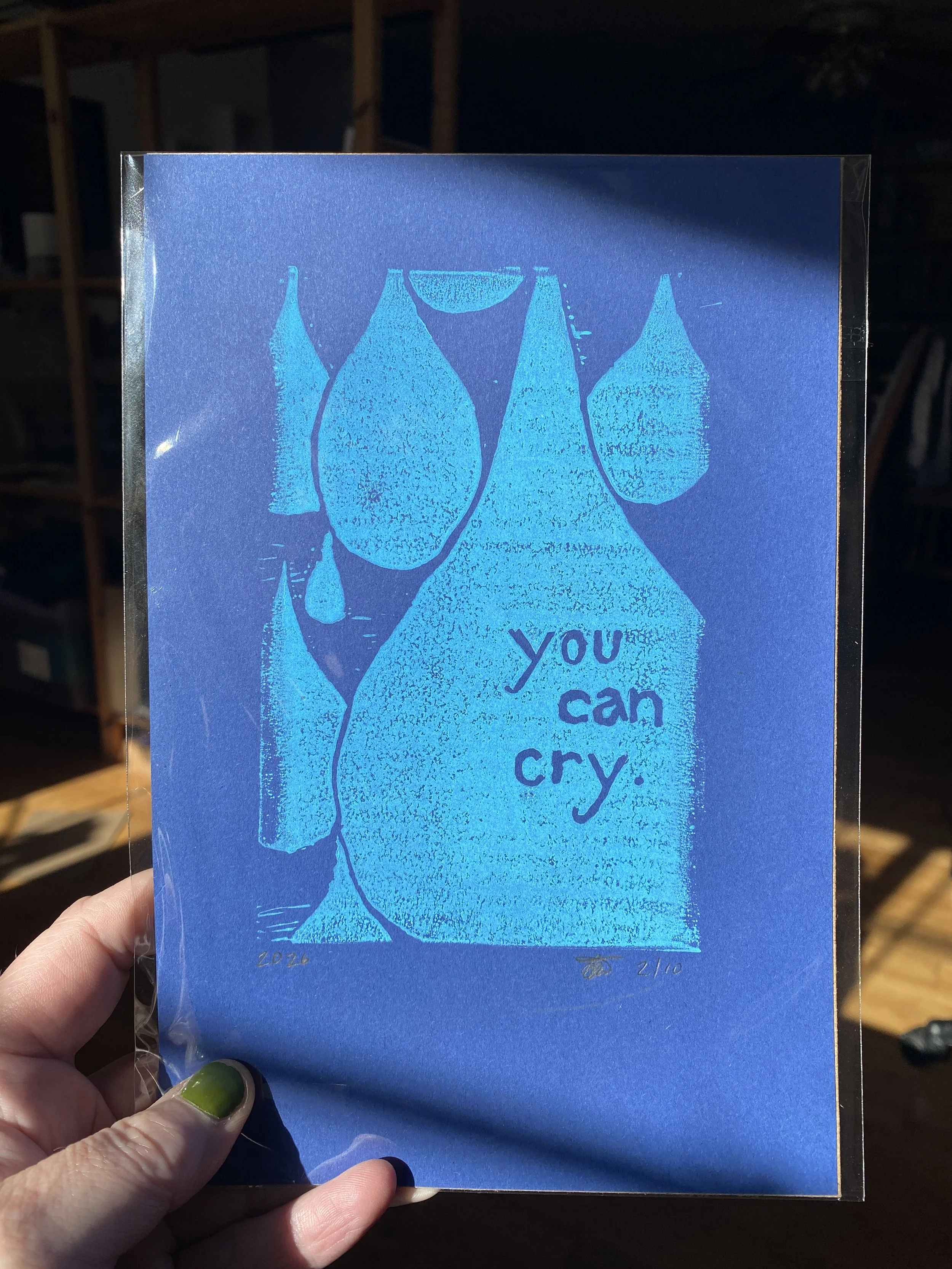 you can cry block print permission to cry therapy therapists office turquoise cotton block print