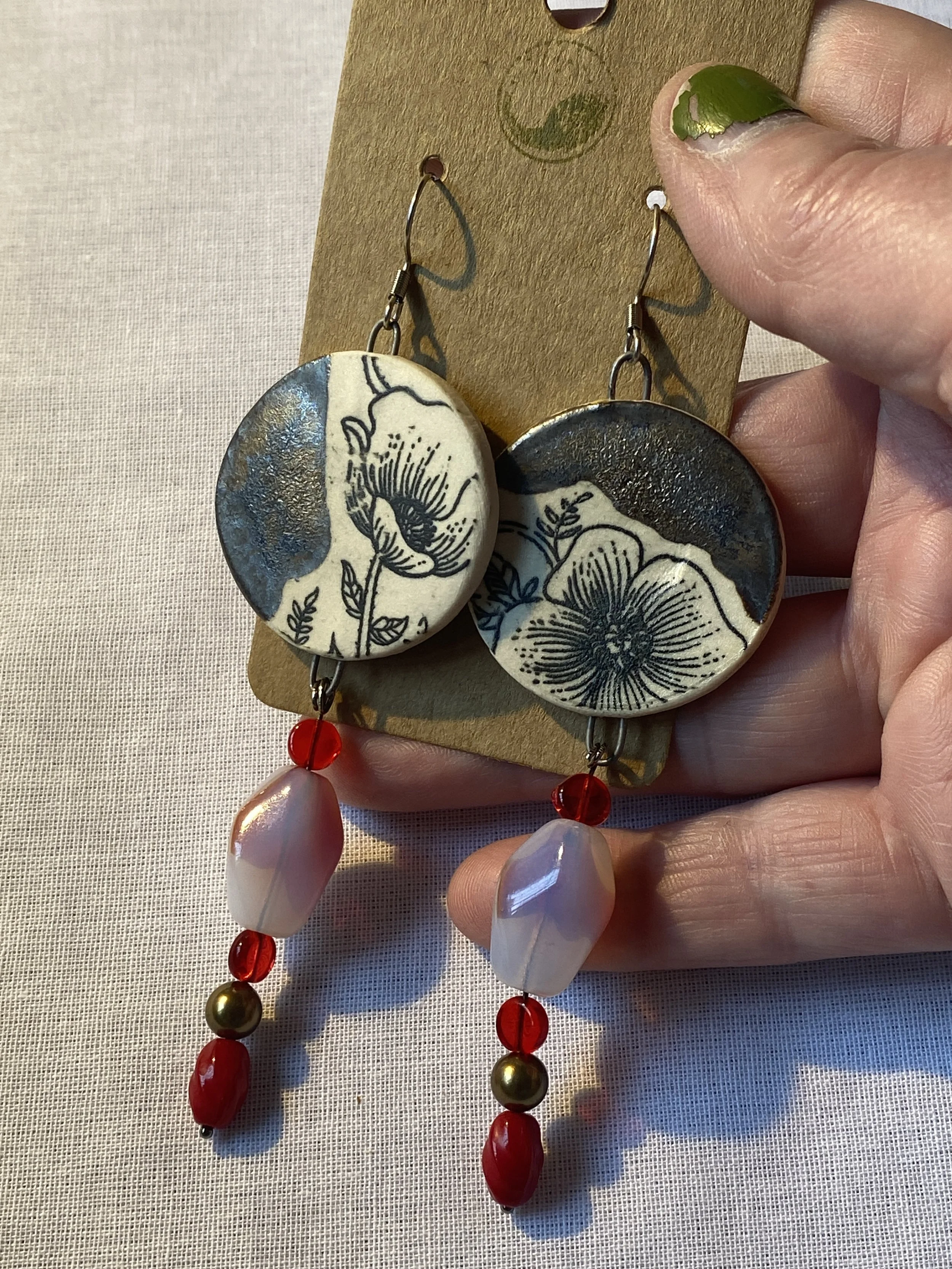 flower ceramic earrings dangly earrings fun earrings red gold