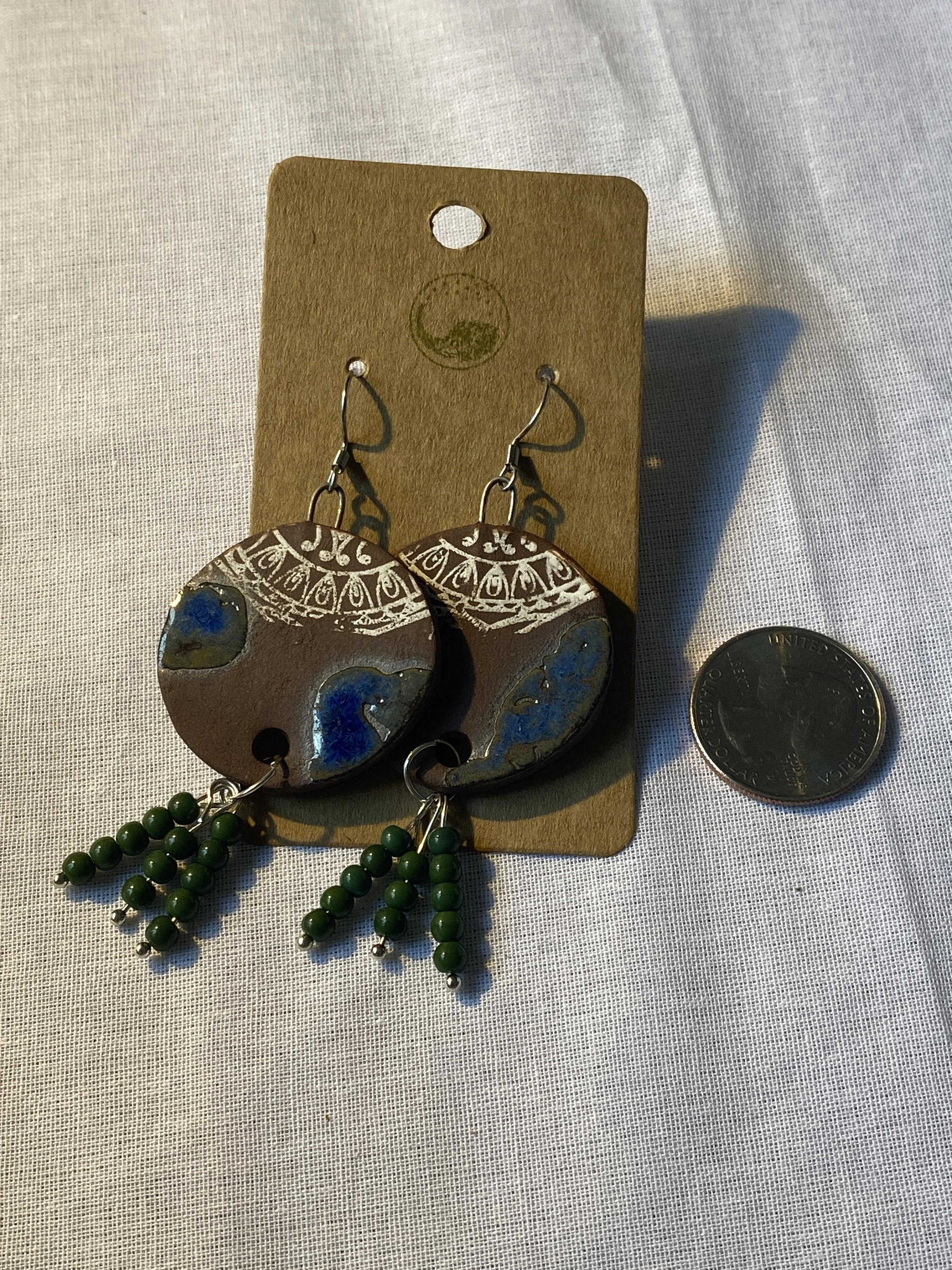 funky boho earrings blue green brown ceramic