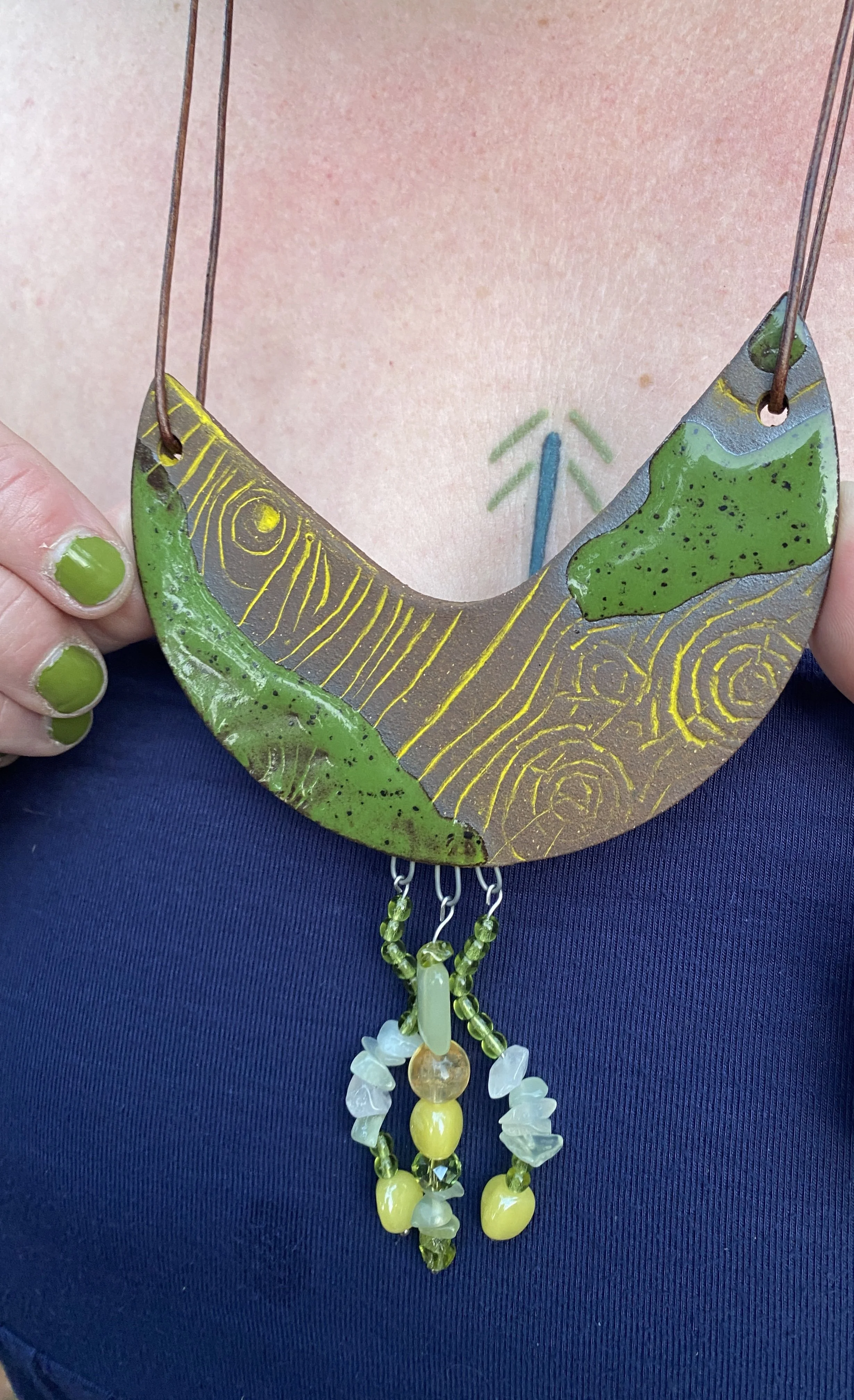ceramic woodgrain necklace beadwork statement jewelry ceramic wearable art fuck yeah