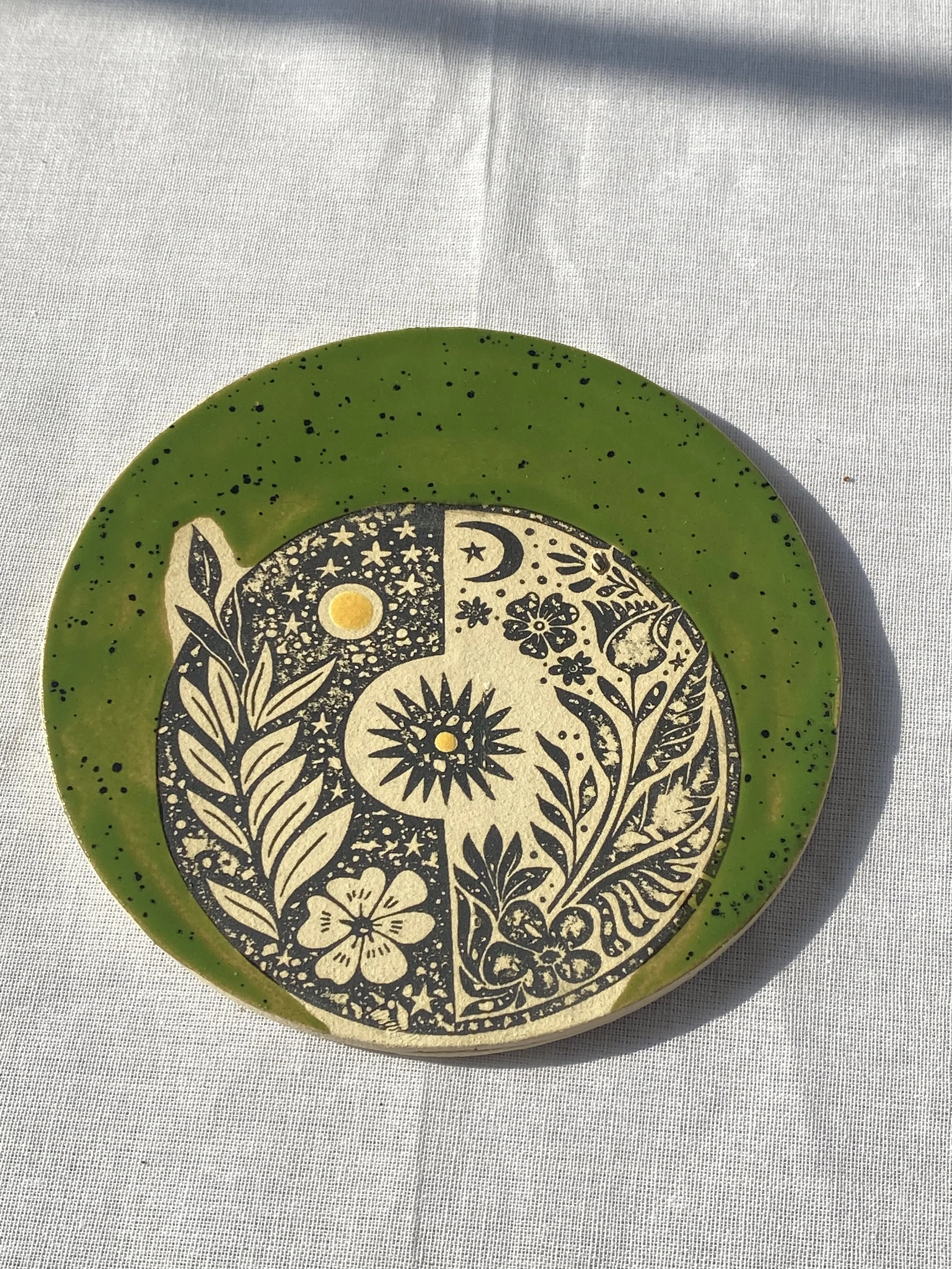 green black and yellow ceramic coaster green witchy coaster sun moon